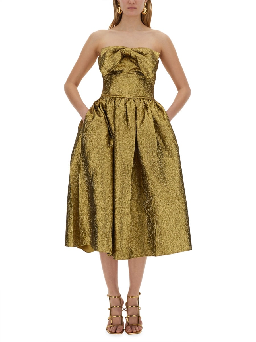 Self-portrait Metallic Jacquard Bow Midi Dress In Gold