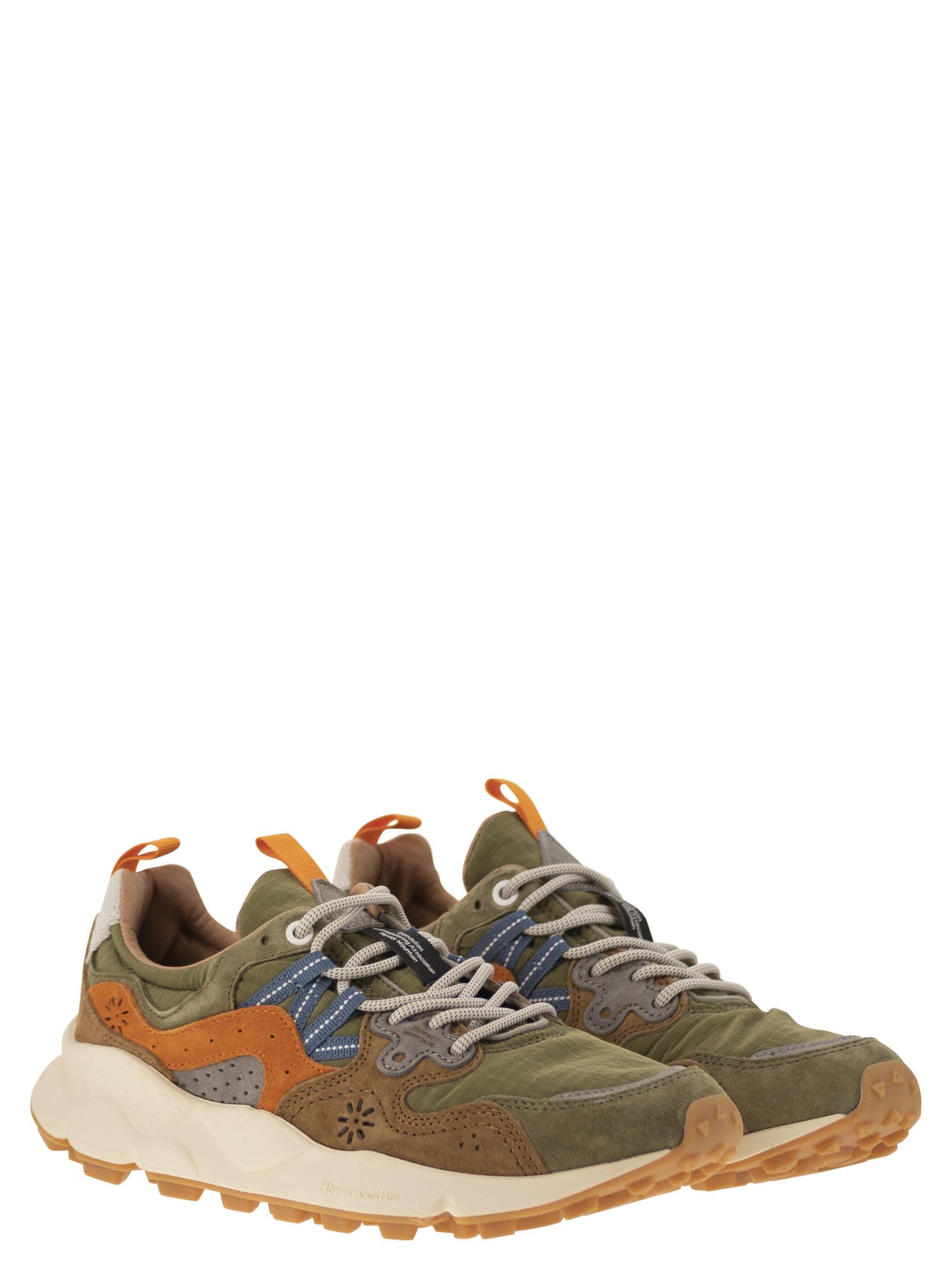 Flower Mountain Yamano 3 - Sneakers In Suede And Technical Fabric In Green/orange