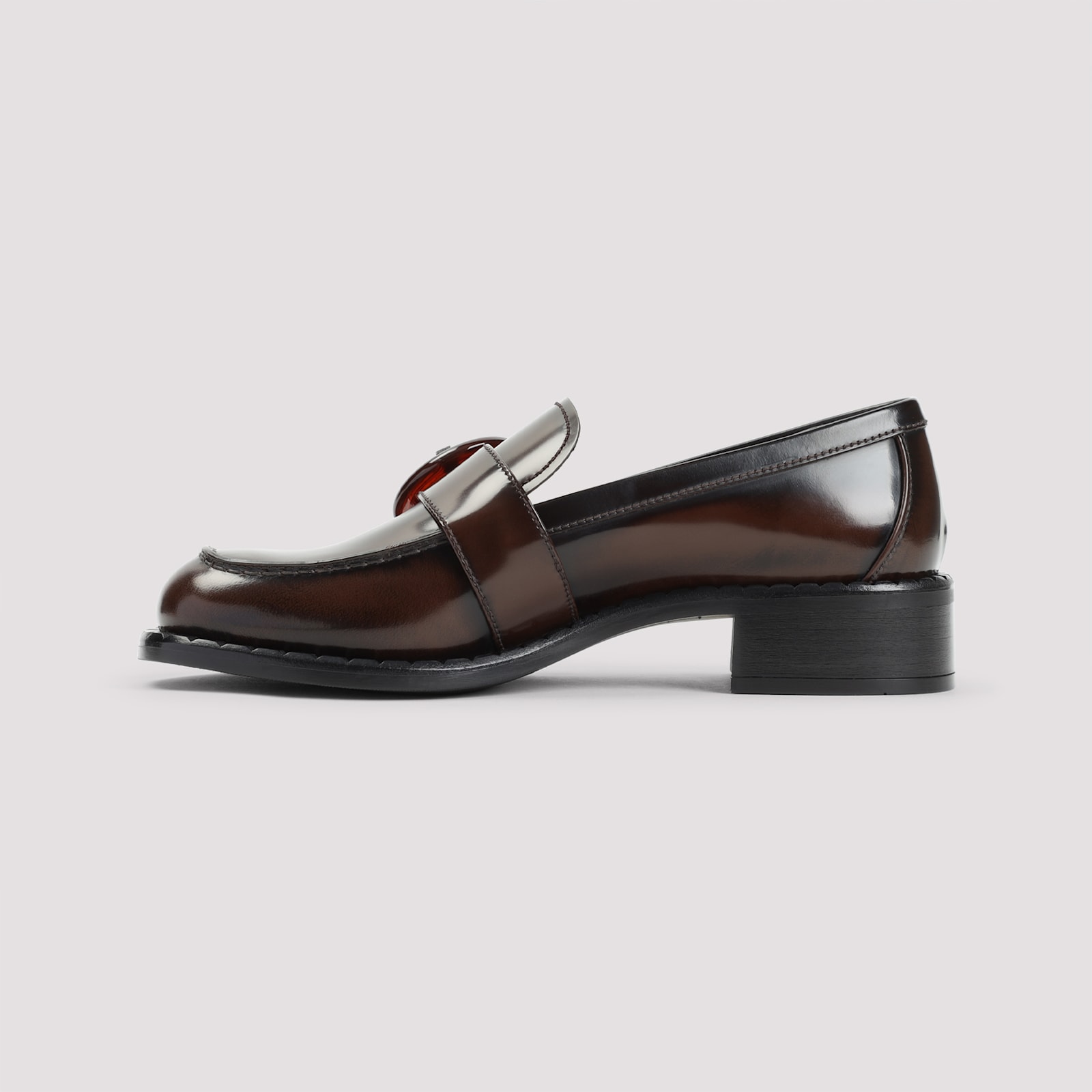 Prada Polished Brown Flat Shoes With Decorative Buckle