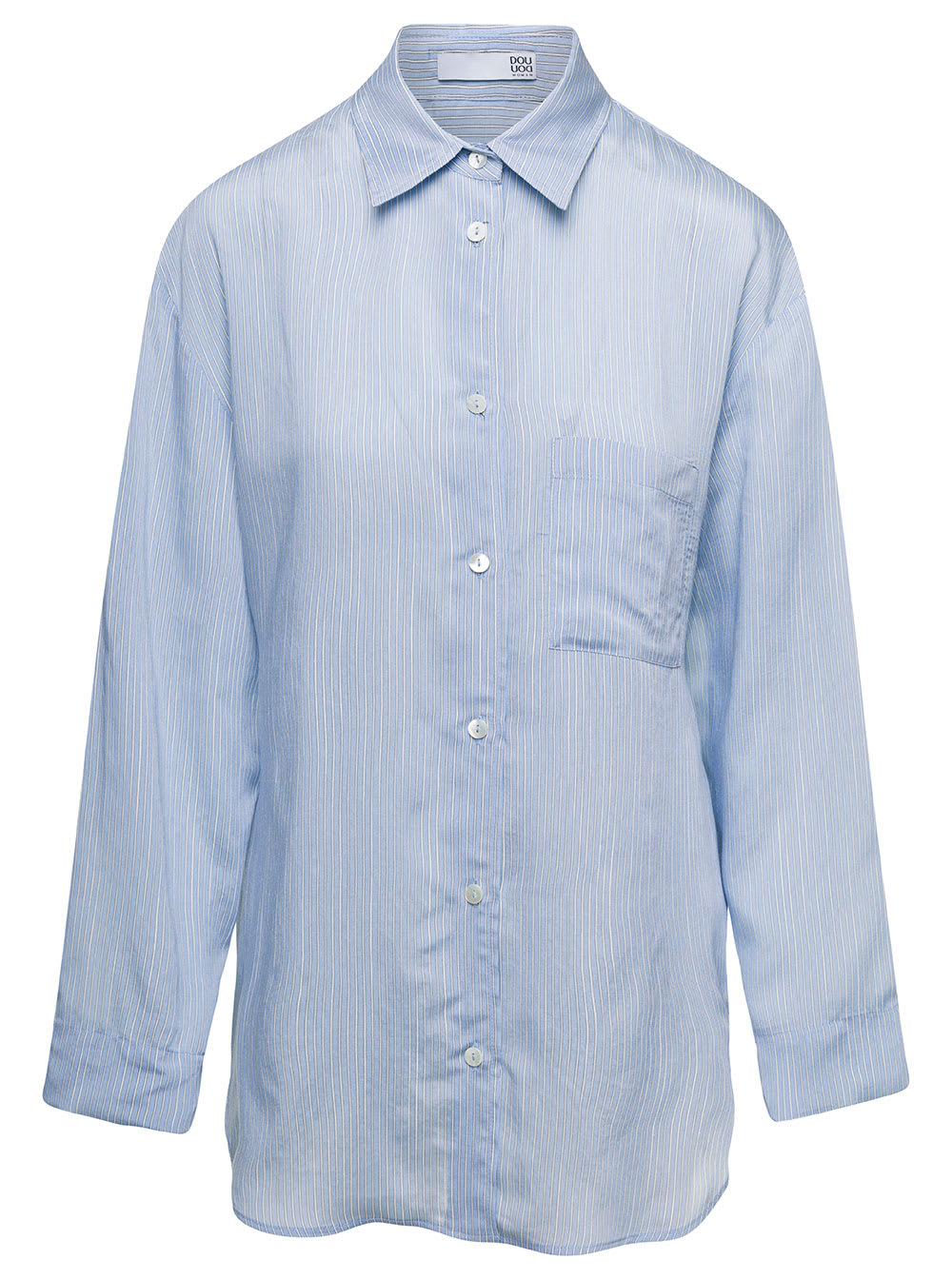 Light Blue Long-sleeve Striped Shirt In Viscose And Silk Woman