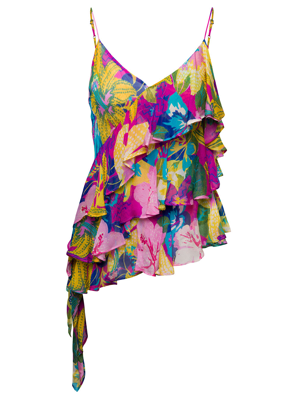Multicolor Asymmetric Ruffled Top With Graphic Print In Viscose Woman