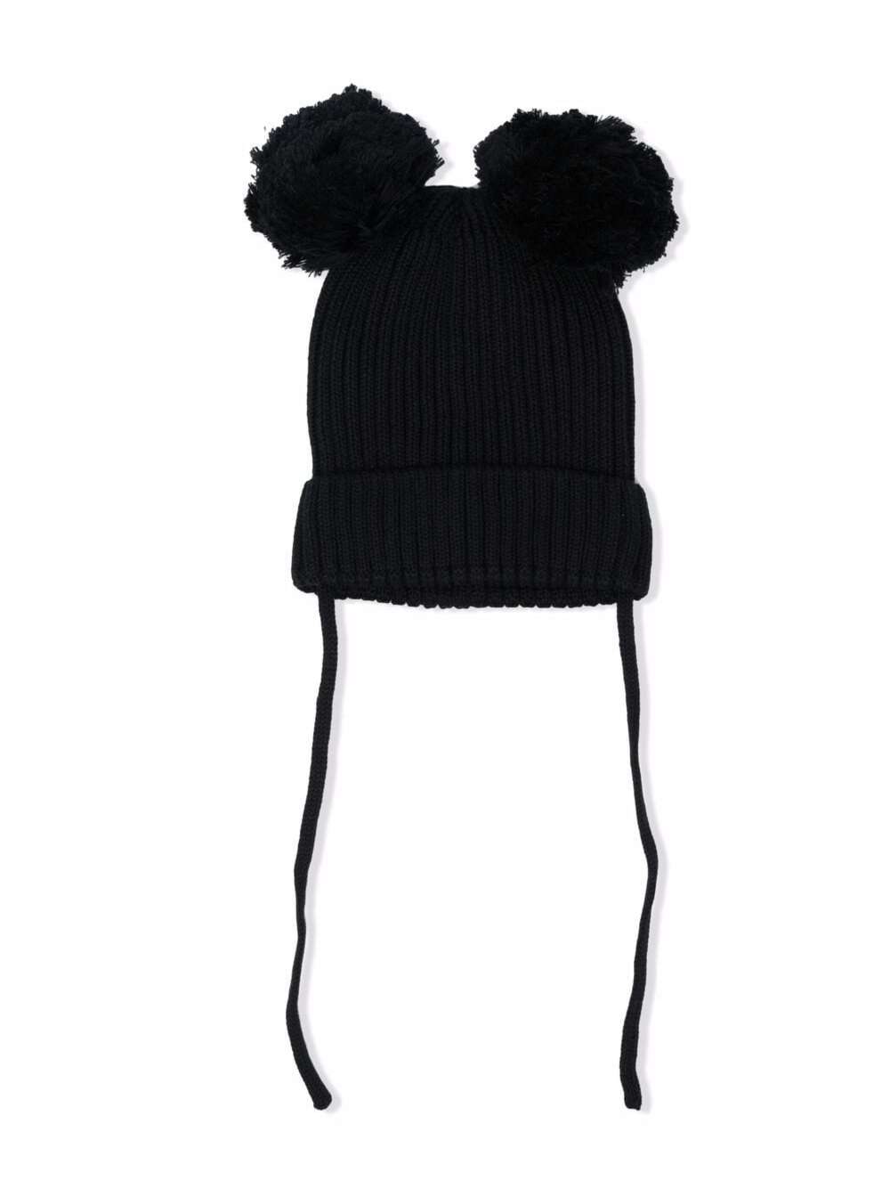 Mini Rodini Black Hat In Organic Cotton With Pom Pon Detail