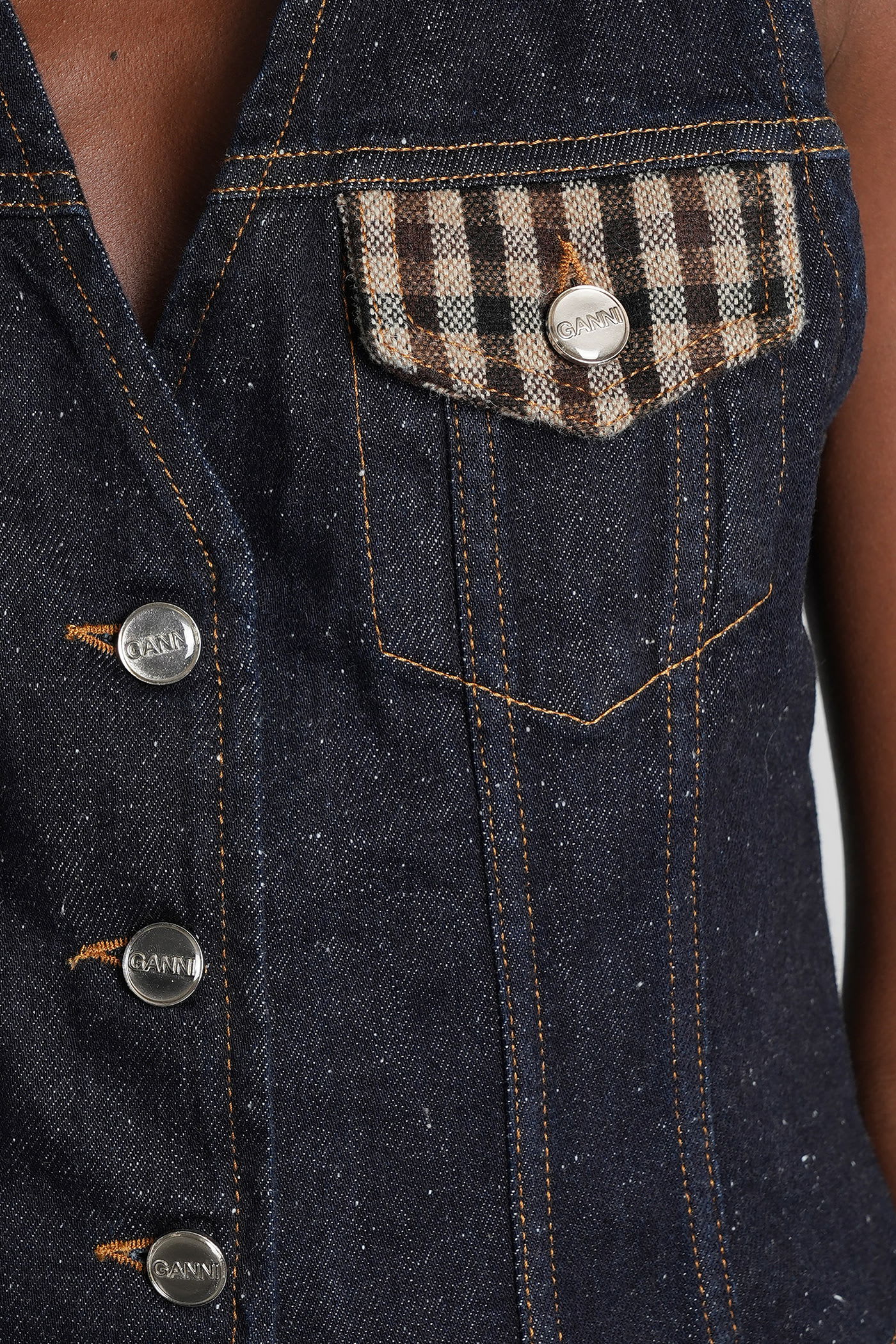 Ganni Neppy Checked Tweed-trimmed Organic Denim Vest In Blue