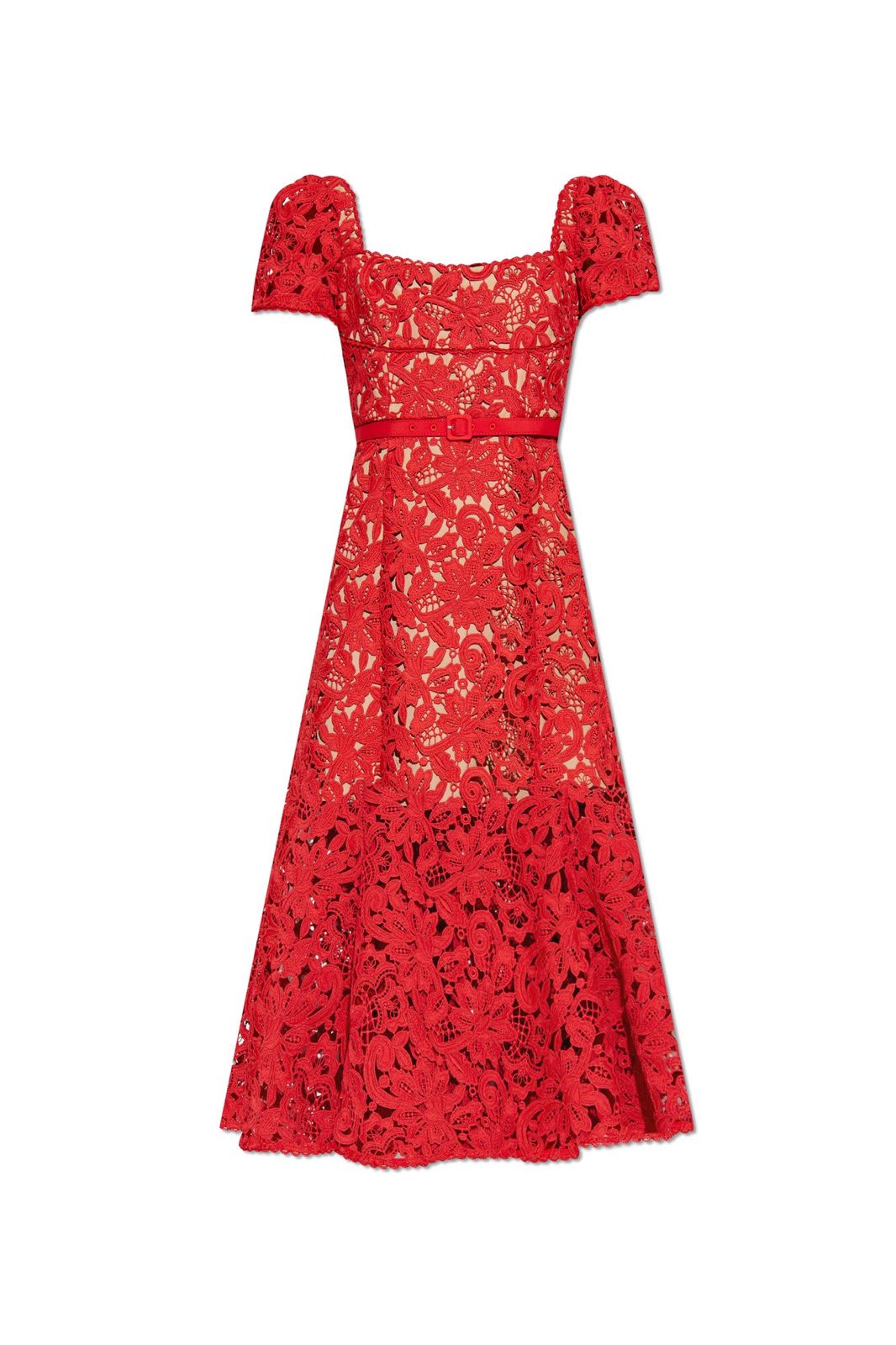 Shop Self-portrait Floral Lace Flared Dress In Red/neutrals