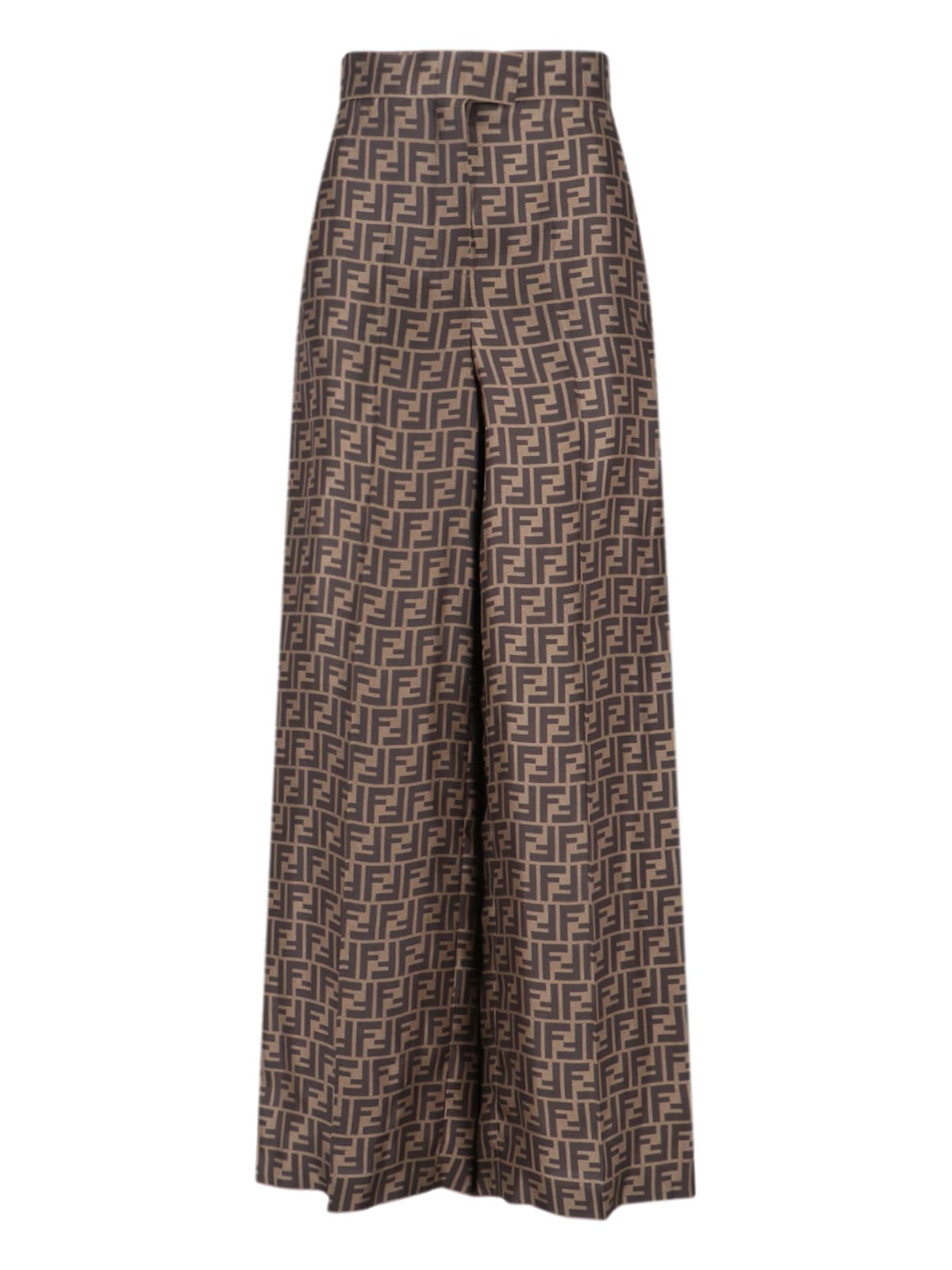 Fendi Ff Silk Twill Wide Leg Trousers In Brown