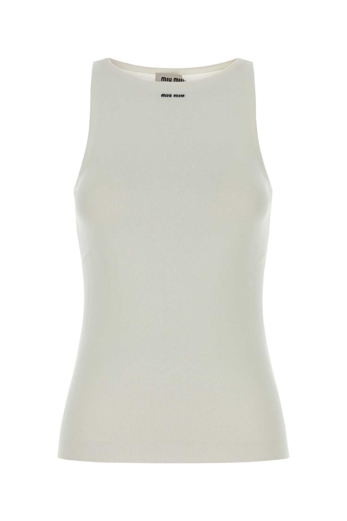 Miu Miu Ribbed Cotton Tank Top With Crew Neckline In White