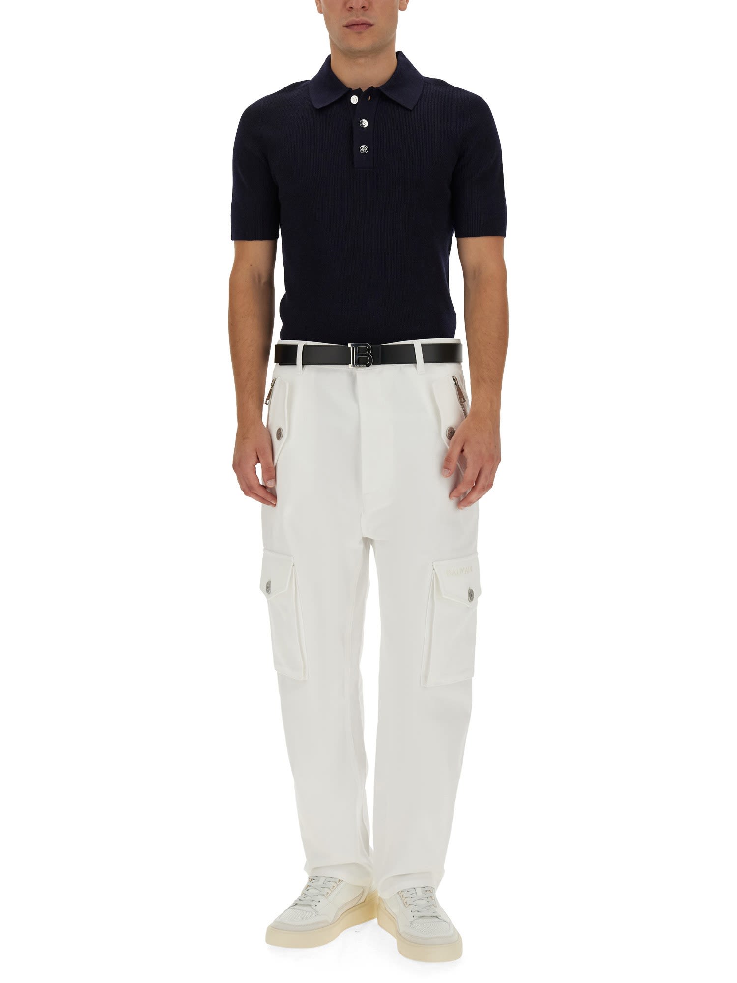 Balmain Cargo Trousers With Belt Loops And Metal Hardware In Bianco