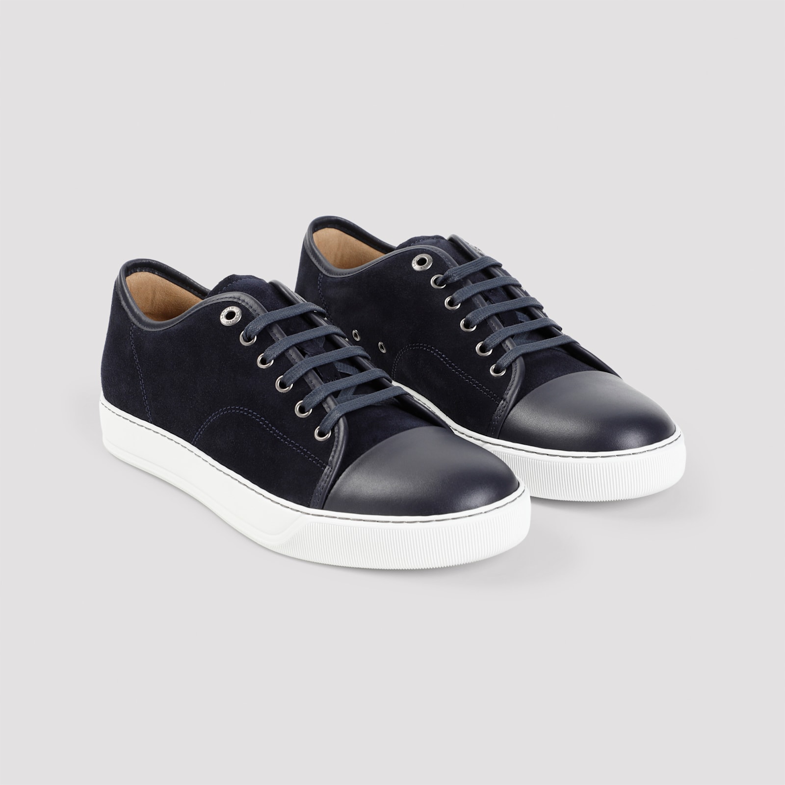 Shop Lanvin Suede And Nappa Captoe Low To Sneakers In Navy Blue