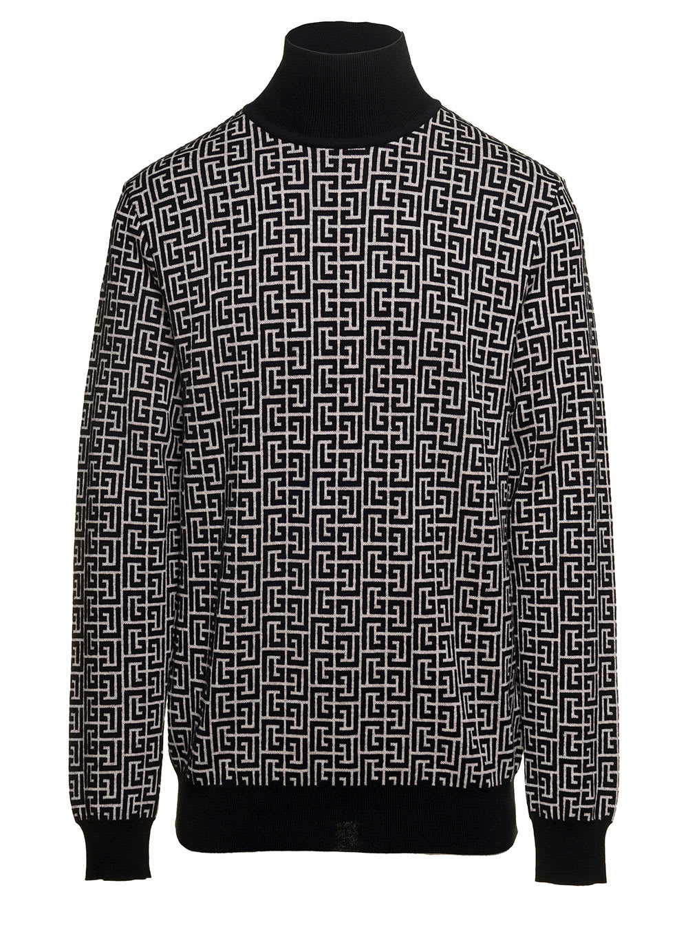 Shop Balmain Black And White Sweater With All-over Monogram In Wool And Linen Man