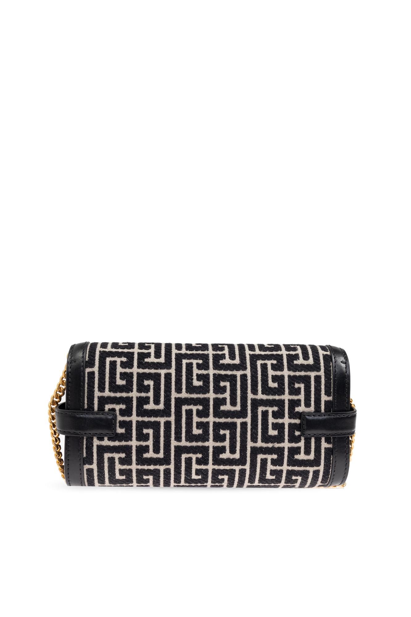 Balmain B-buzz Shoulder 24 Bag In Calfskin And Pb Jacquard Canvas