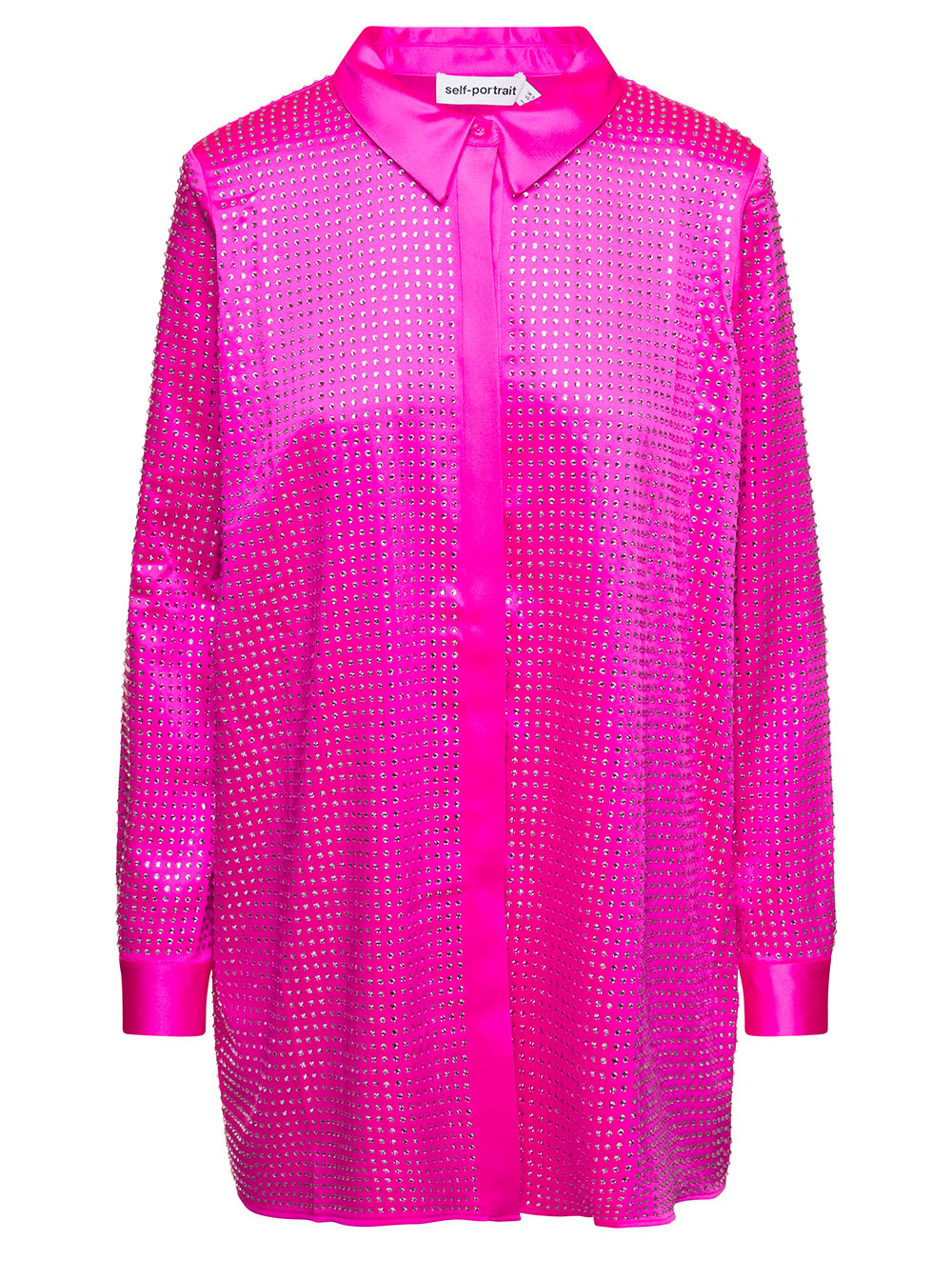 Shop Self-portrait Shirt With All-over Crystal Embellishment In Fuchsia Satin Woman In Pink
