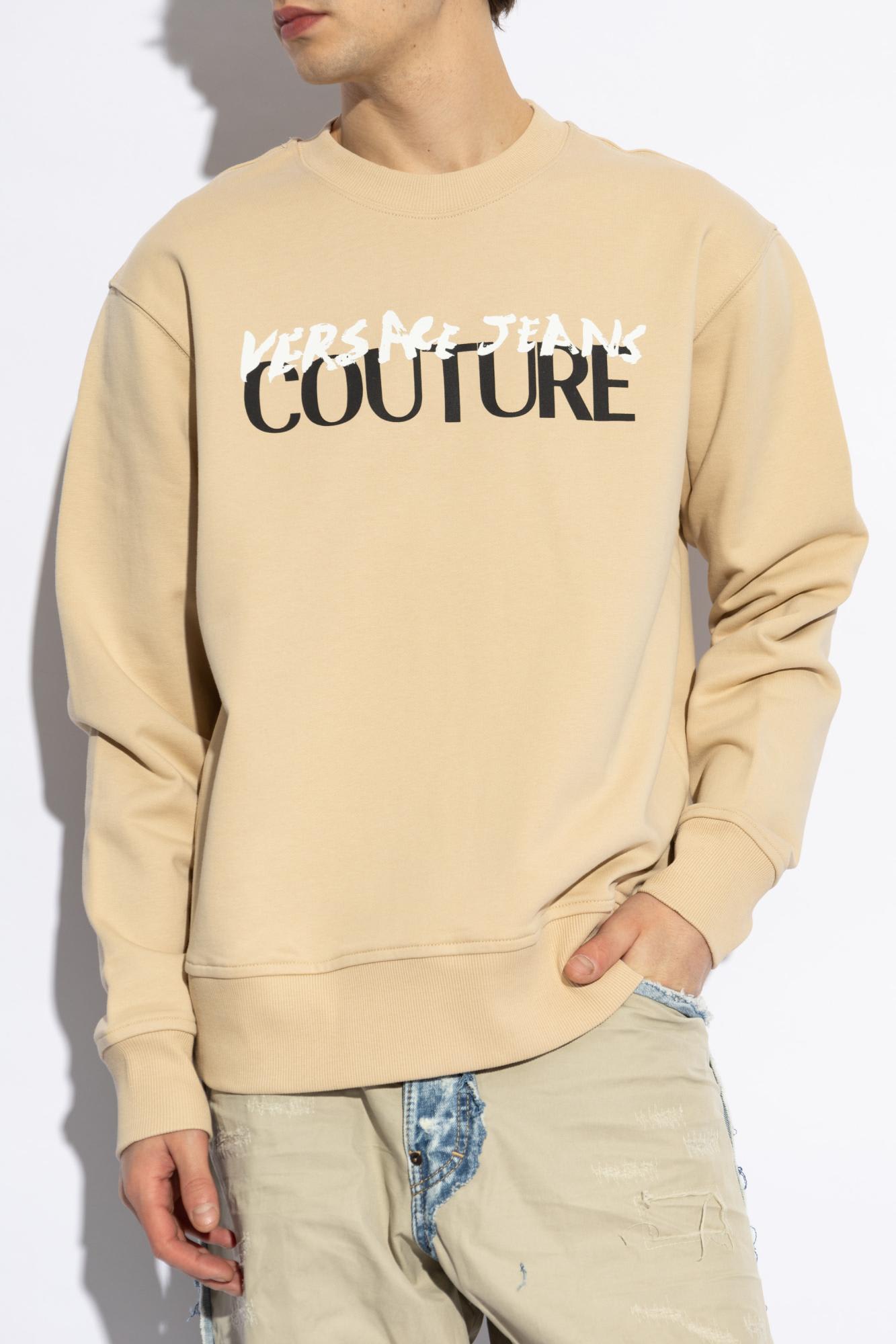 Shop Versace Jeans Couture Sweatshirt With Printed Logo In Beige