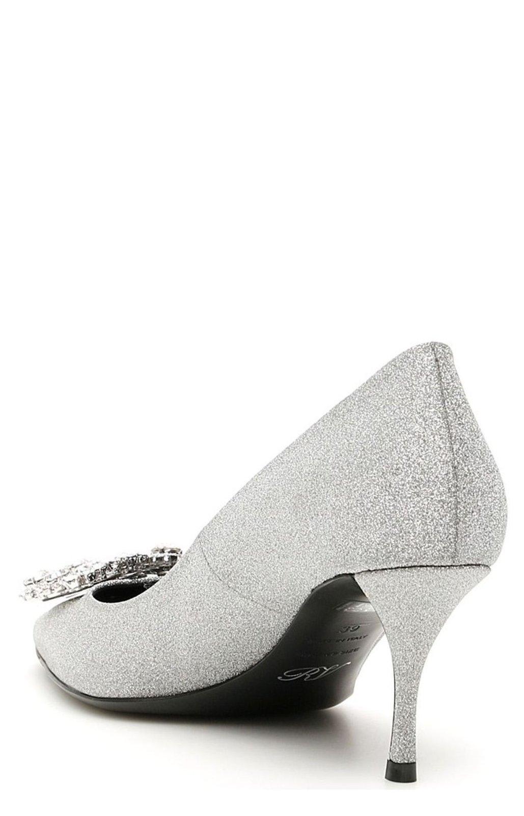 Shop Roger Vivier Flower Buckle Pointed Toe Pumps In Silver