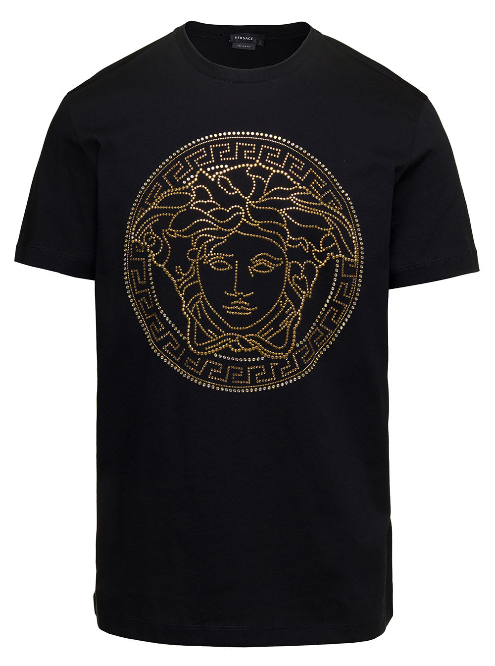 Shop Versace Black Crewneck T-shirt With Studded Medusa In Cotton Man
