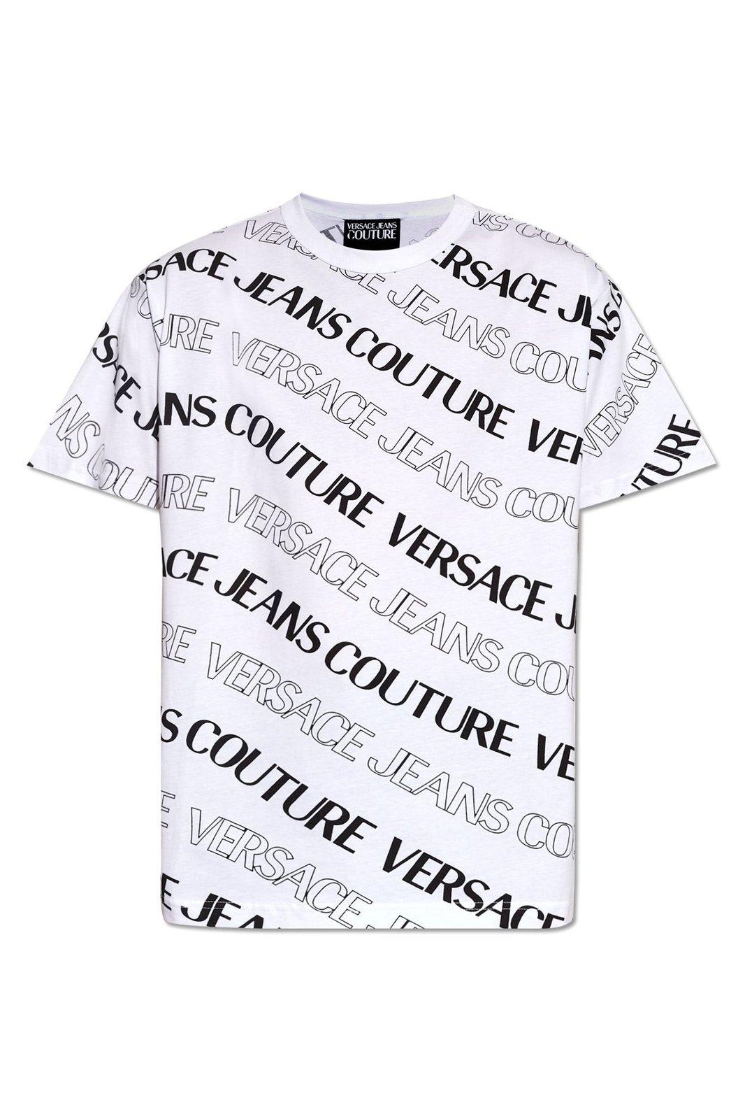 Shop Versace Jeans Couture Allover Logo Printed Crewneck T-shirt In White
