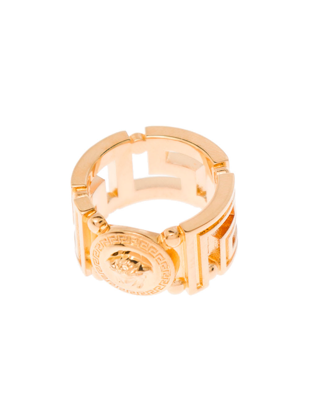 Shop Versace Squareed Greca Gold Metal Ring Woman