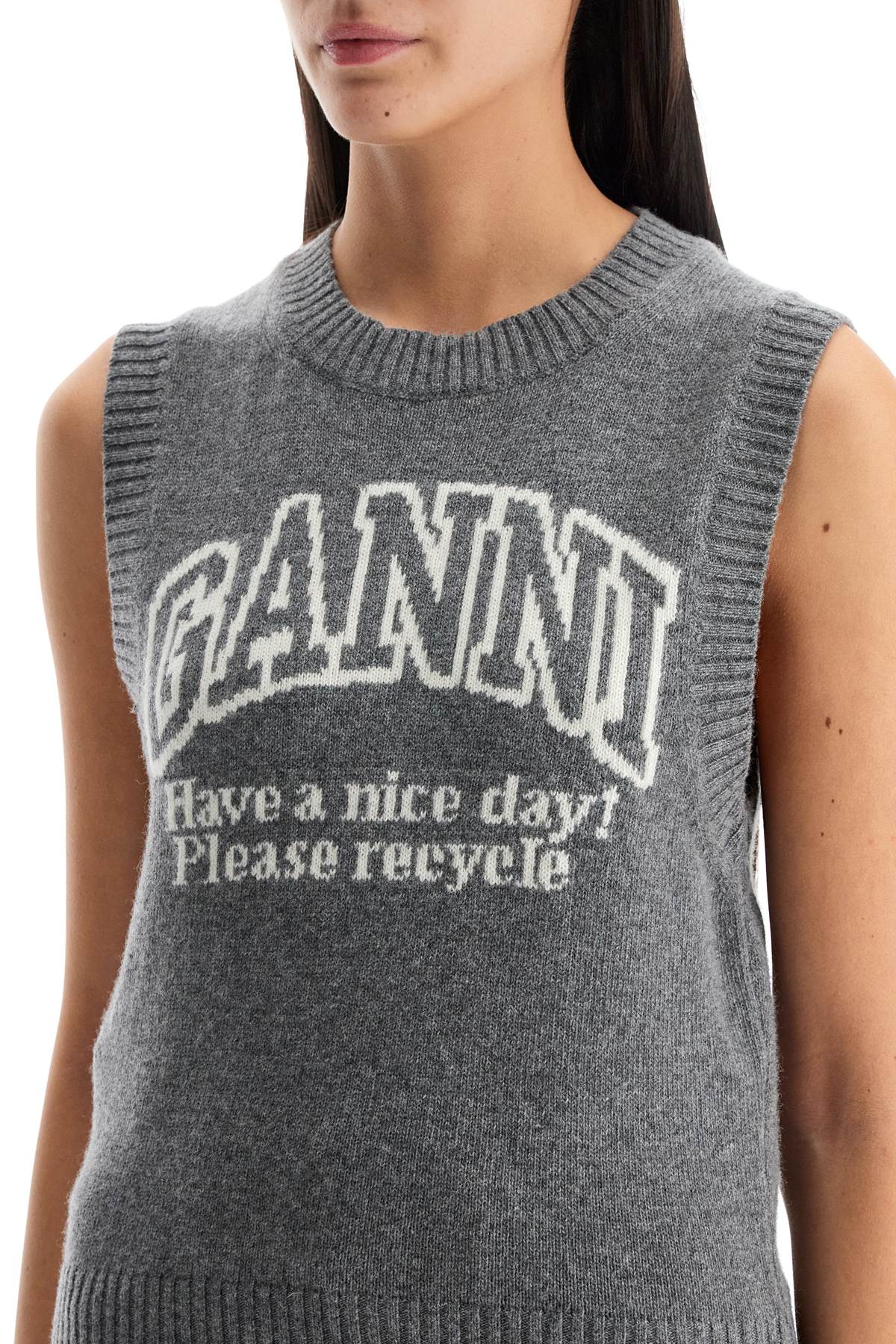 Ganni Knitted Vest With Logo In Frost Gray (grey)