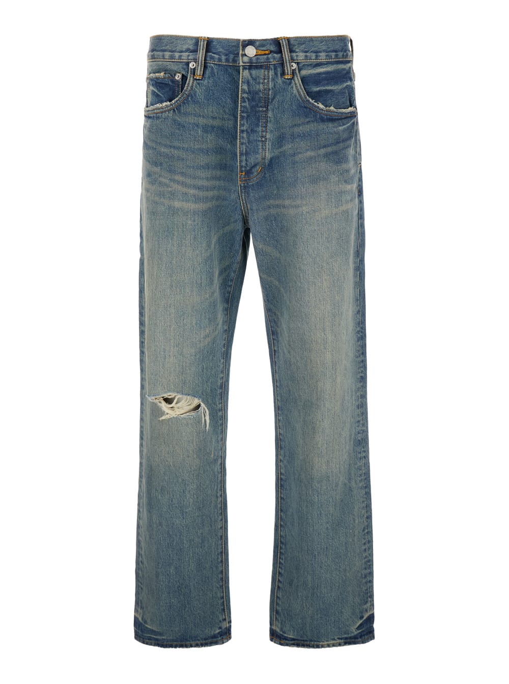 hadley Vintage Blue Jeans With Ripped Detail On The Front And Logo Patch On The Rear In Denim Man