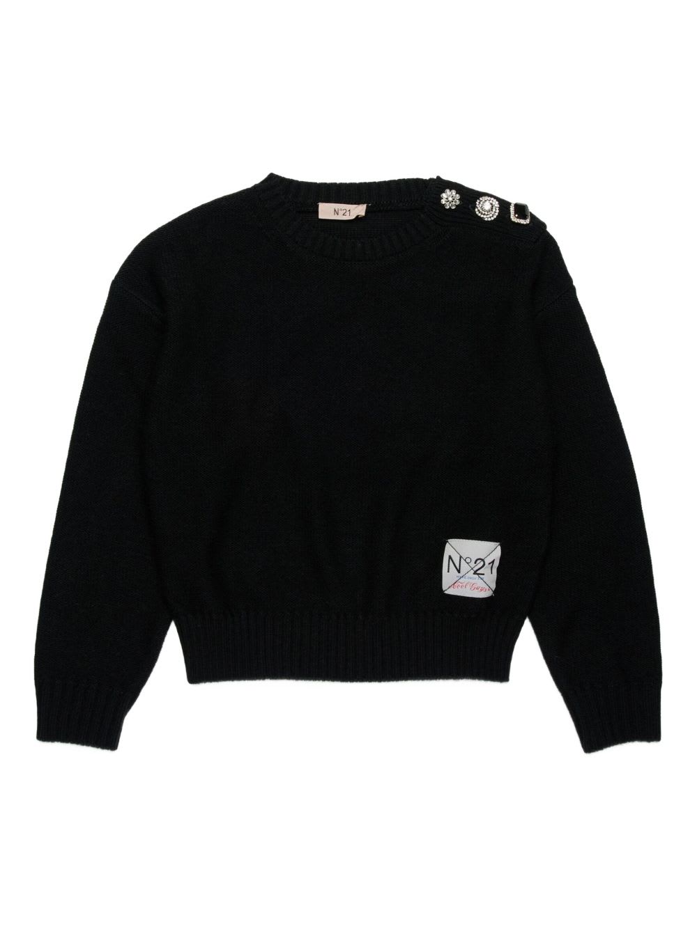 N°21 Pullover In Misto Lana Con Bottoni Gioiello In Black