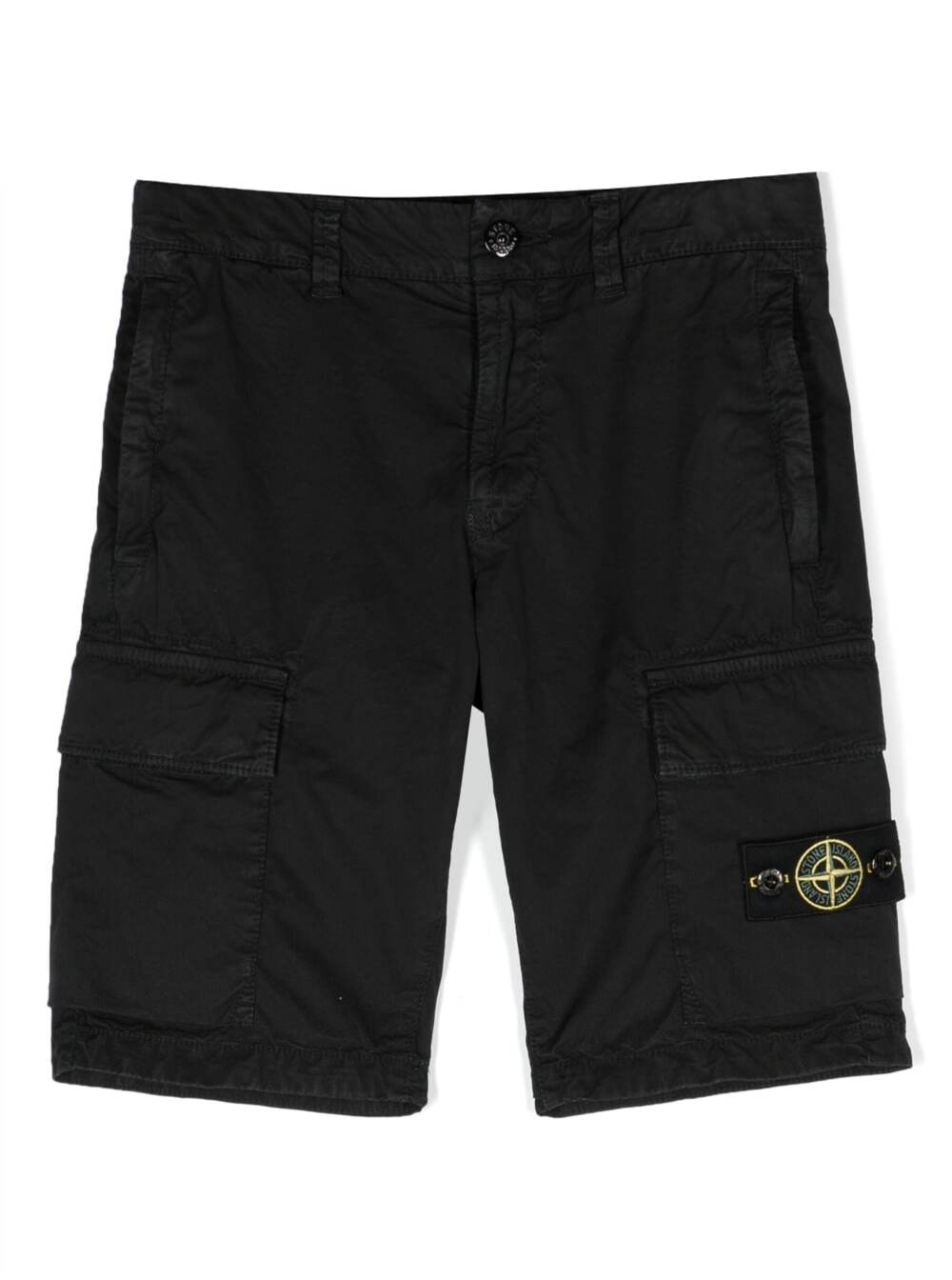STONE ISLAND JUNIOR BLACK BERMUDA SHORTS WITH PATCH POCKETS AND LOGO PATCH IN COTTON BLEND BOY