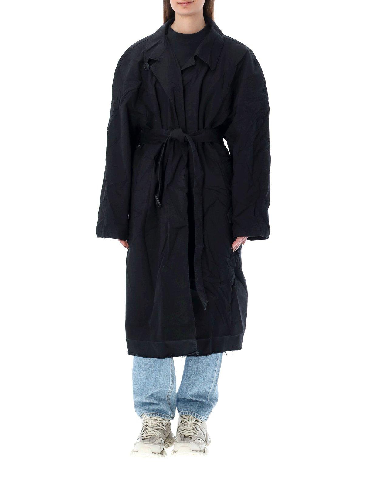 Shop Balenciaga Belted Long-sleeved Coat In Black