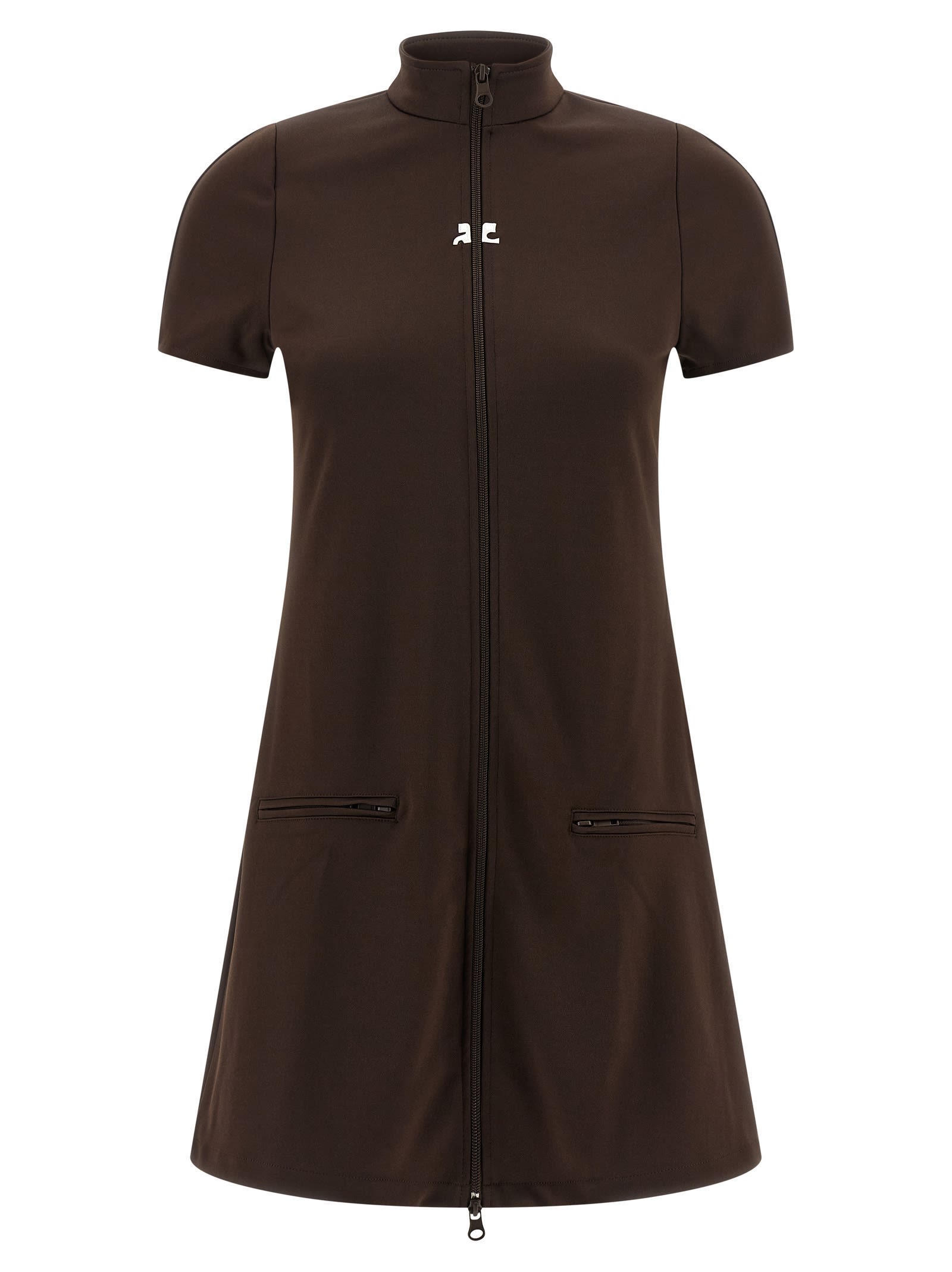 Courrèges Interlock Jersey Zip-up Minidress In Brown