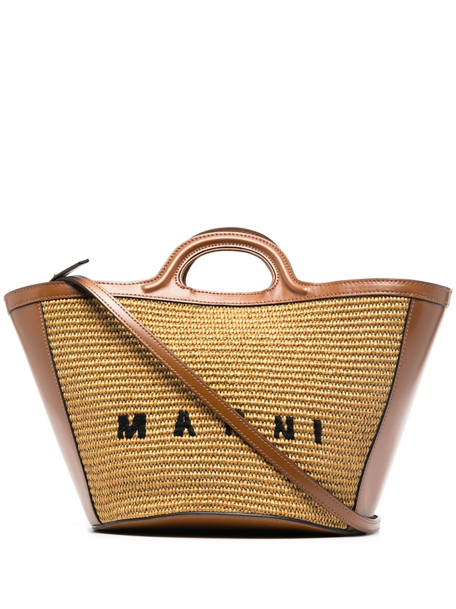 MARNI SMALL TROPICALIA SUMMER BAG IN BROWN LEATHER AND NATURAL RAFFIA 