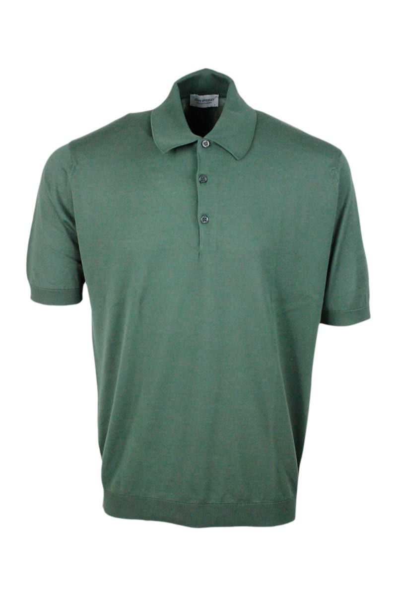 Shop John Smedley Short-sleeved Polo Shirt In Extra-fine Cotton Thread With Three Buttons In Green