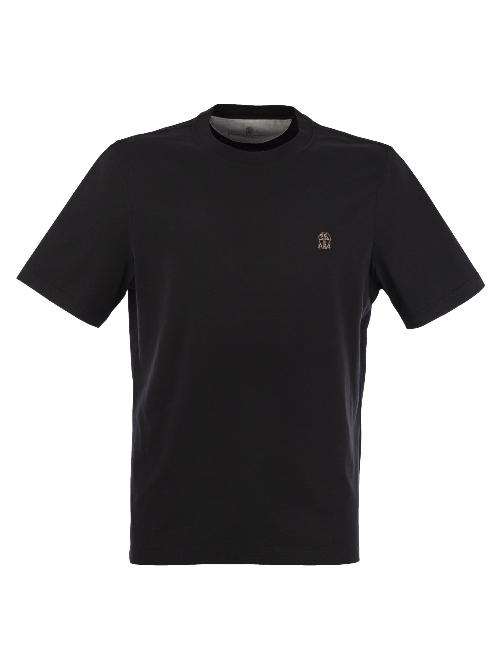 Shop Brunello Cucinelli Slim Fit Crew-neck T-shirt In Cotton Jersey With Logo In Nero Tp