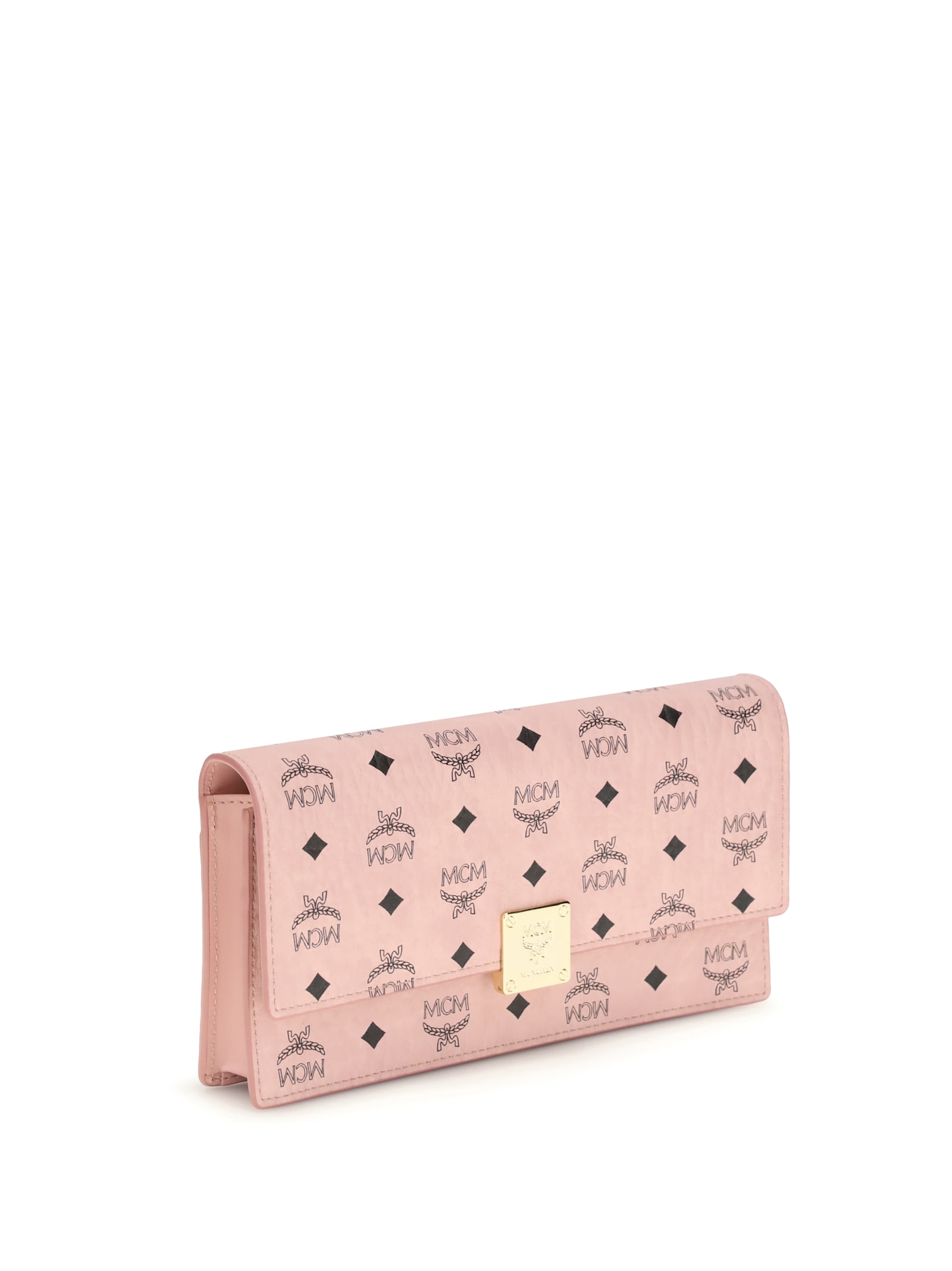 Mcm Large Wallet With Logo Shoulder Strap In Pink