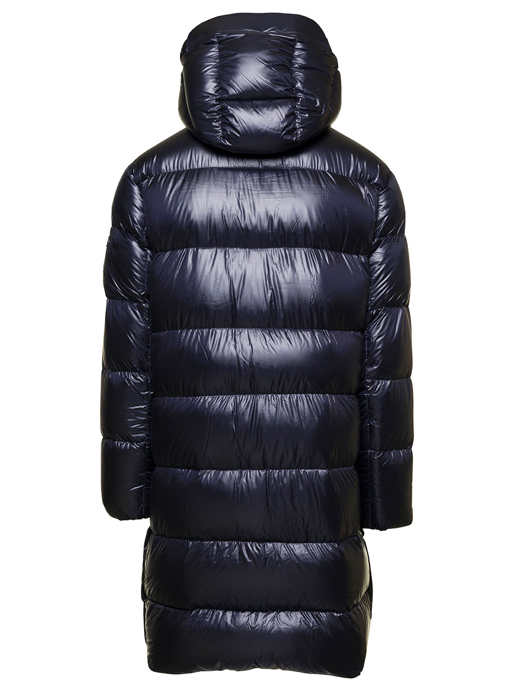 Shop Tatras Mejikino Long Blue Down Jacket With Hood And Logo Patch In Shiny Nylon Man