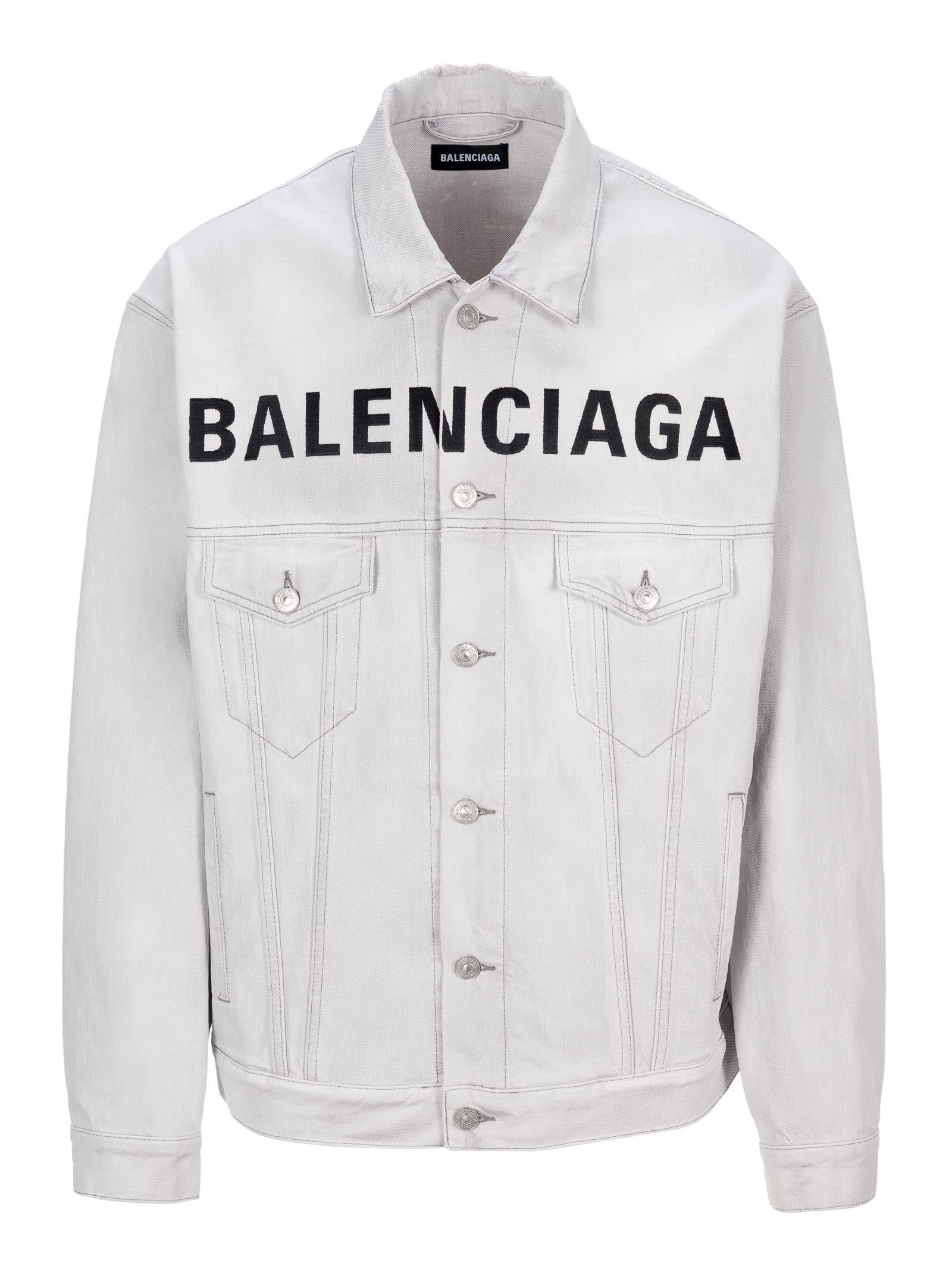 Balenciaga Embroidered Logo Denim Jacket In Cement Grey | ModeSens
