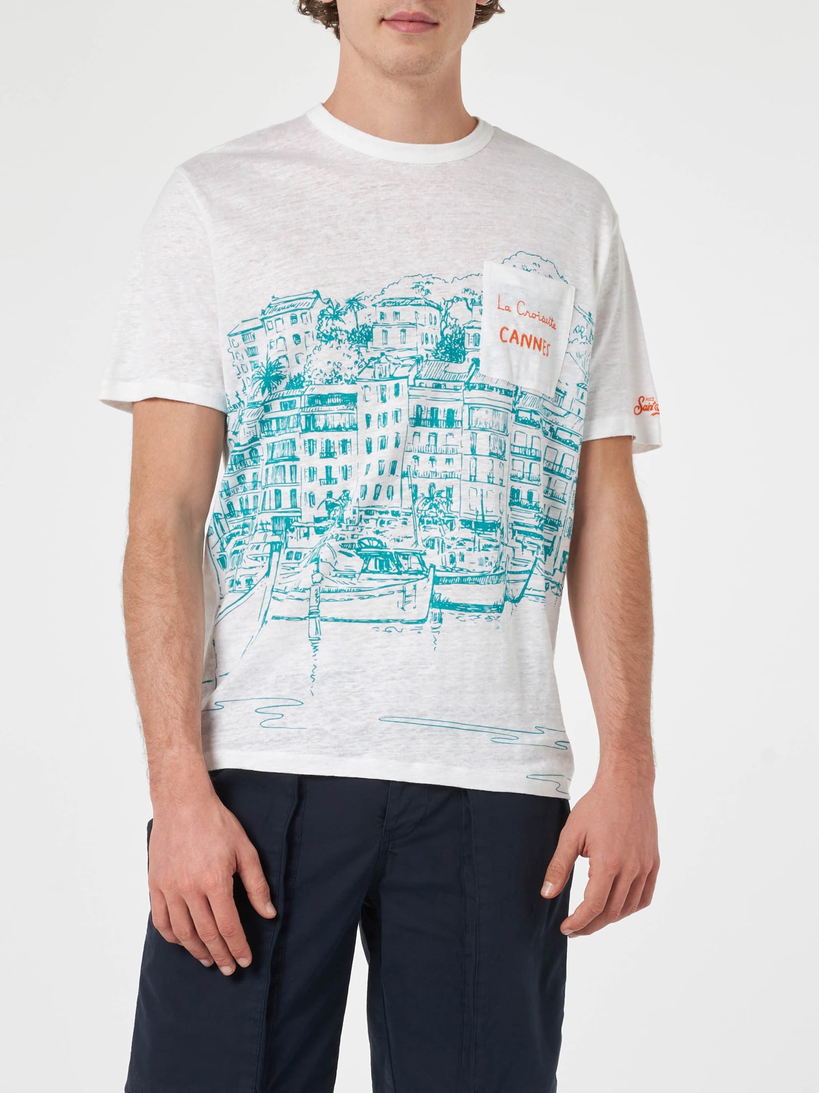 MC2 SAINT BARTH MAN LINEN JERSEY T-SHIRT ECSTASEA WITH CANNES PLACED PRINT AND EMBROIDERED POCKET