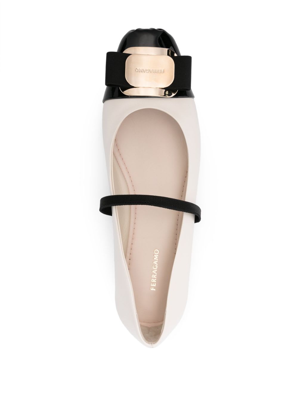 Ferragamo Bicolor New Vara Plate Ballerinas In White