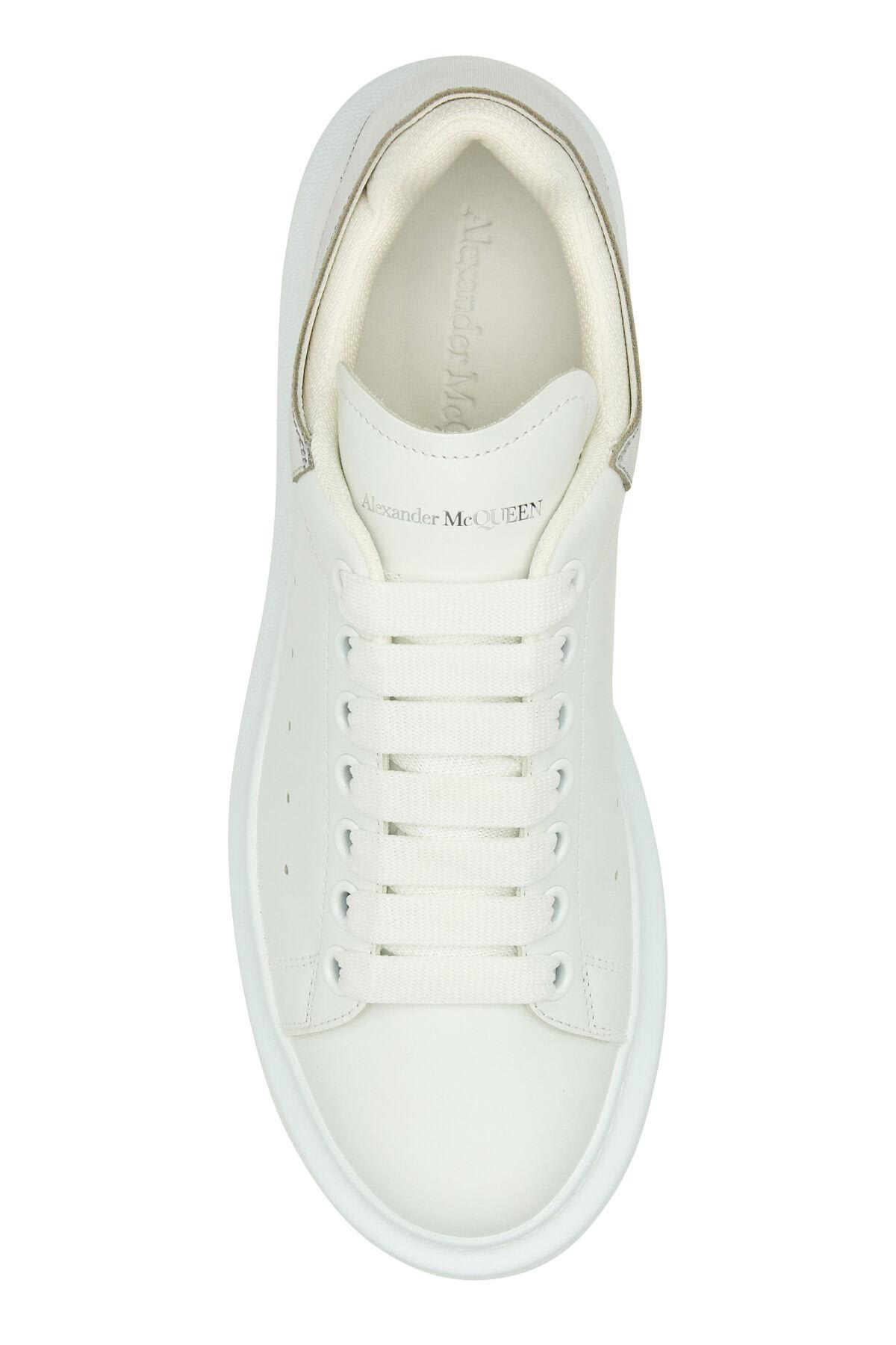 Shop Alexander Mcqueen White Leather Sneakers With Silver Leather Heel In Bianco