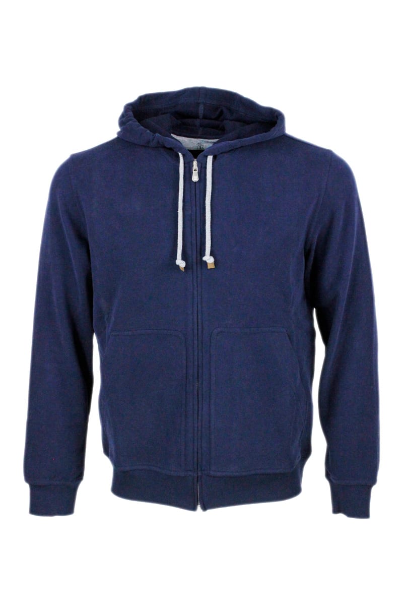 Brunello Cucinelli Cotton Sweatshirt With Zip And Hood With Cuffs And Bottom In Ribbed Knit