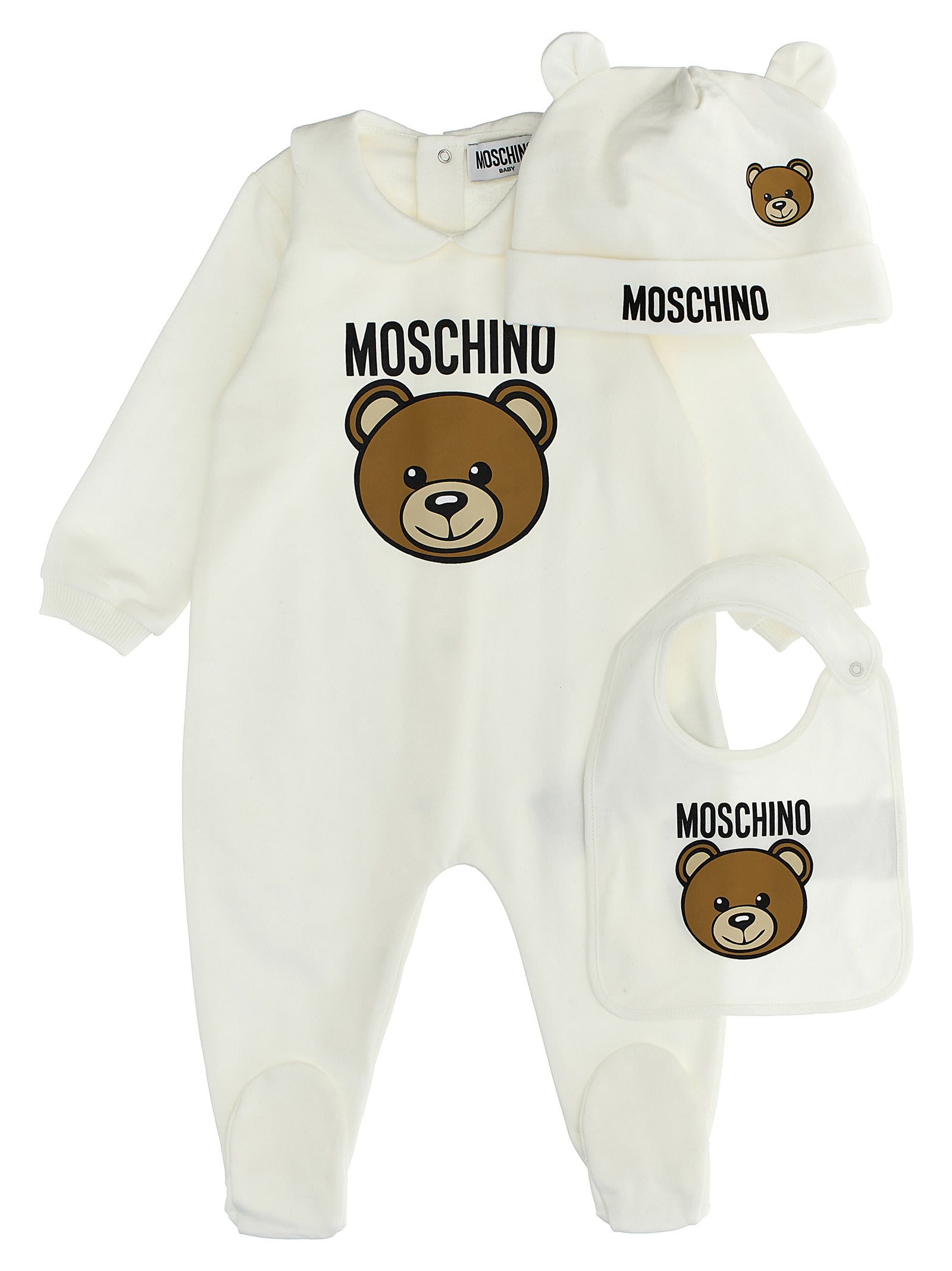 Shop Moschino Baby Set Bib + Cap + Bib In White