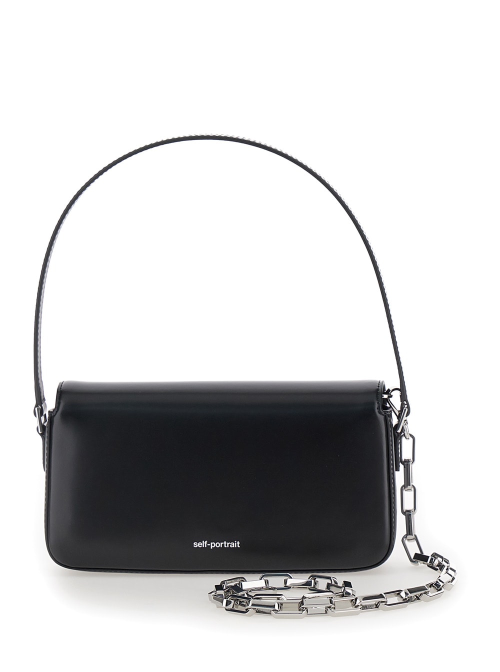 Shop Self-portrait Black Shoulder Bag With Crystal Bow Detail In Smooth Leather Woman