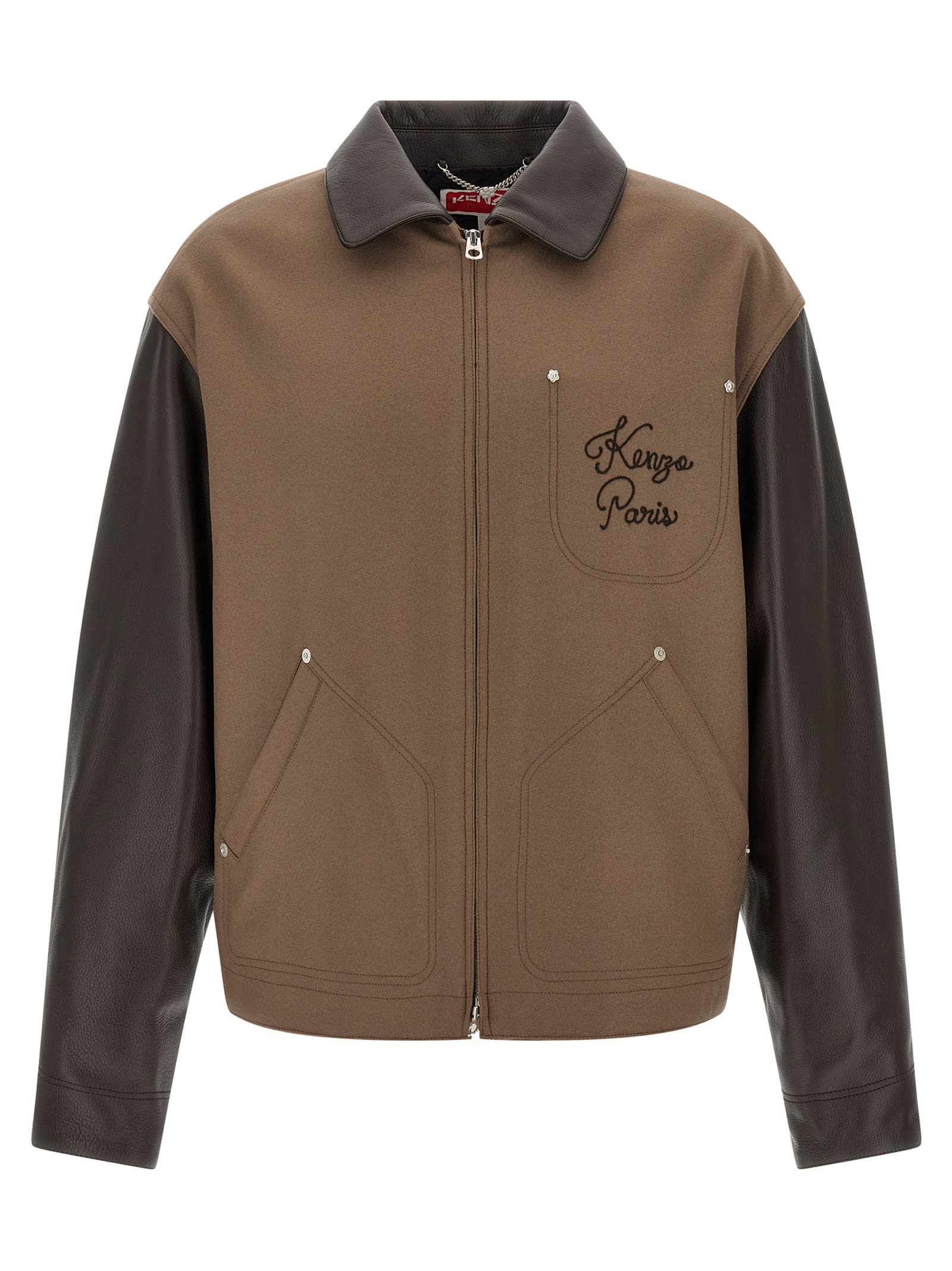 Kenzo Leather-sleeved Embroidered Jacket Coats Beige In Brown