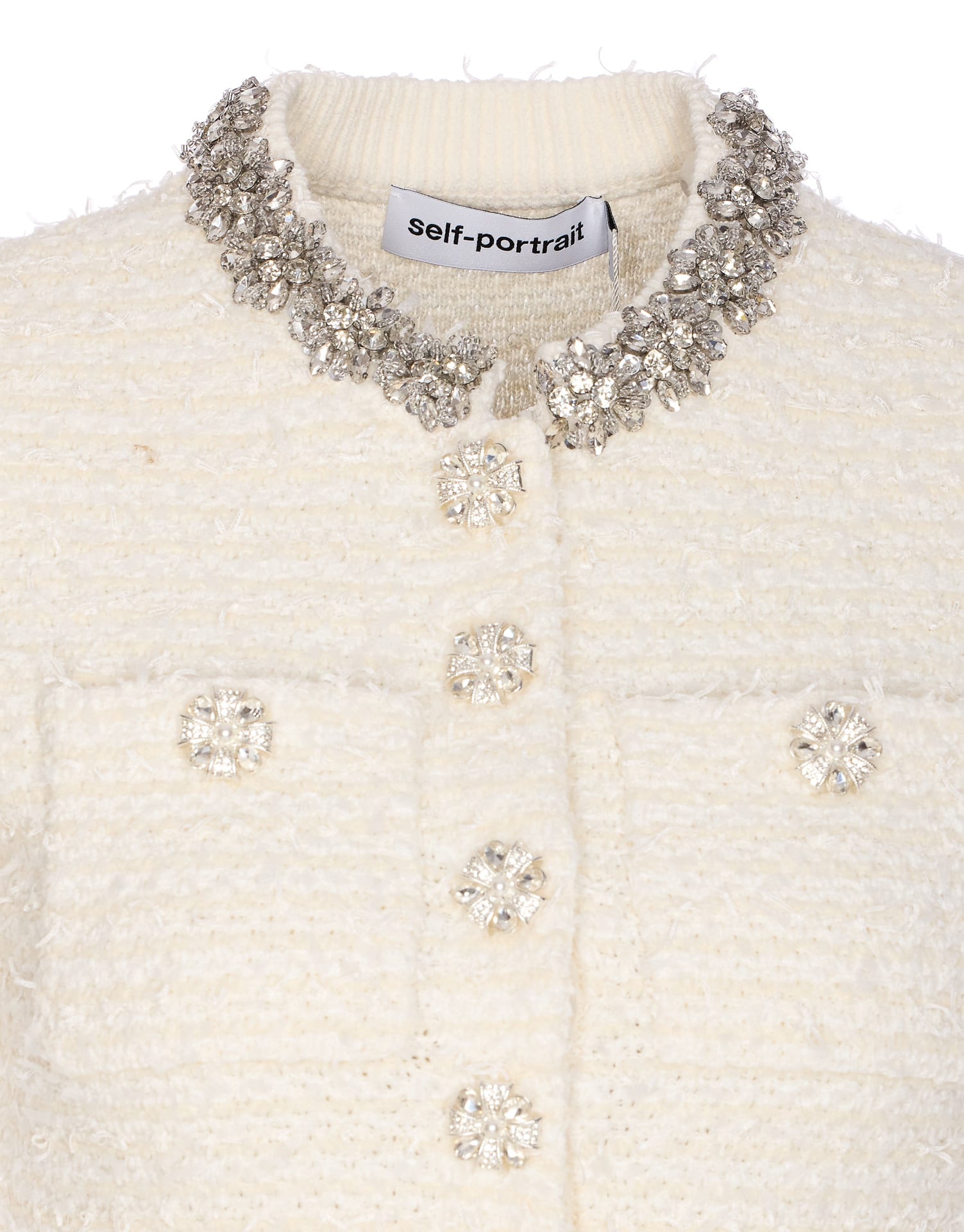 Self-portrait Mini Dress With Knit Tweed Texture And Crystal Accents In White