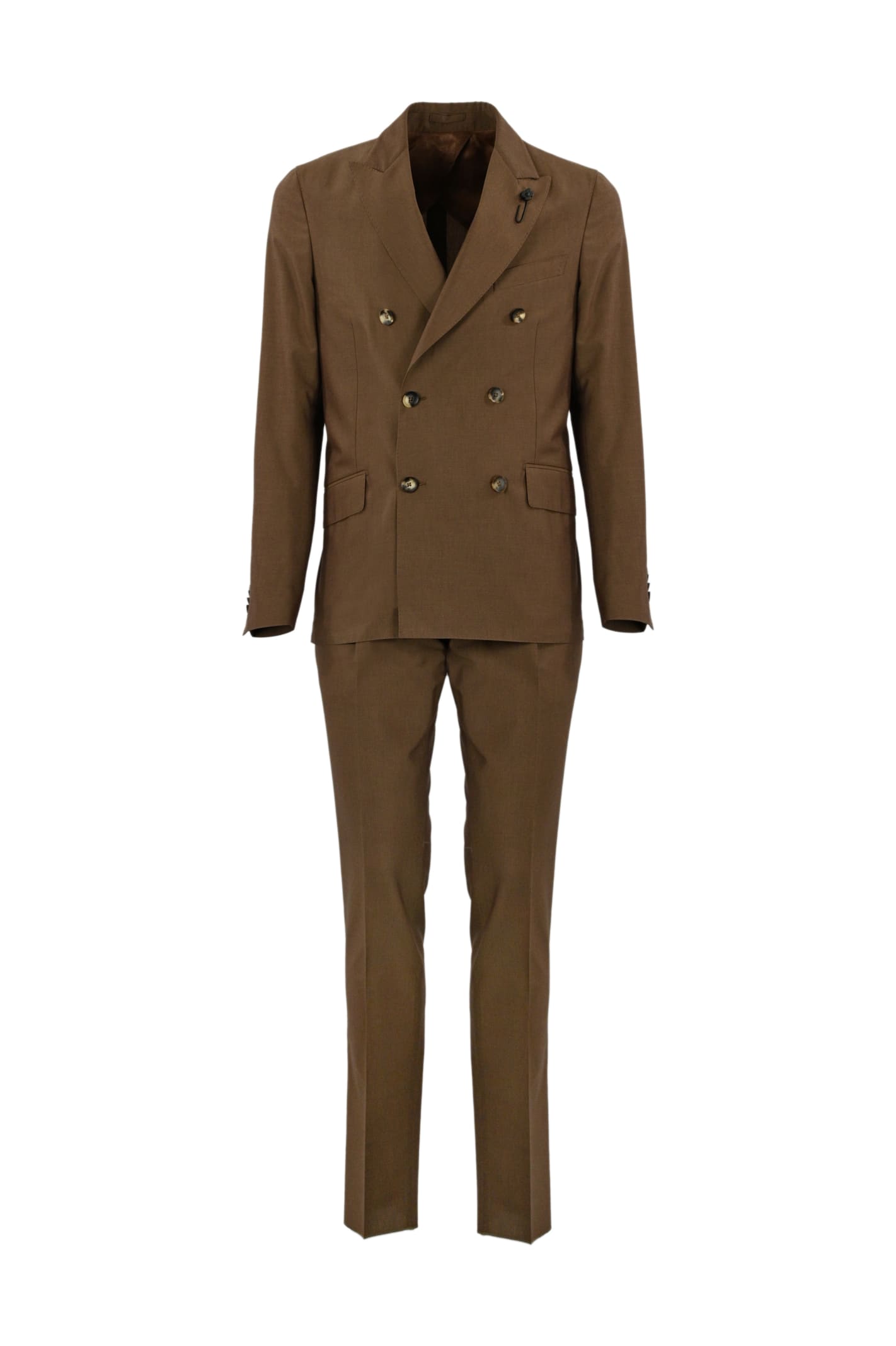 Shop Lardini Double-breasted Suit In Wool And Cotton In Marrone