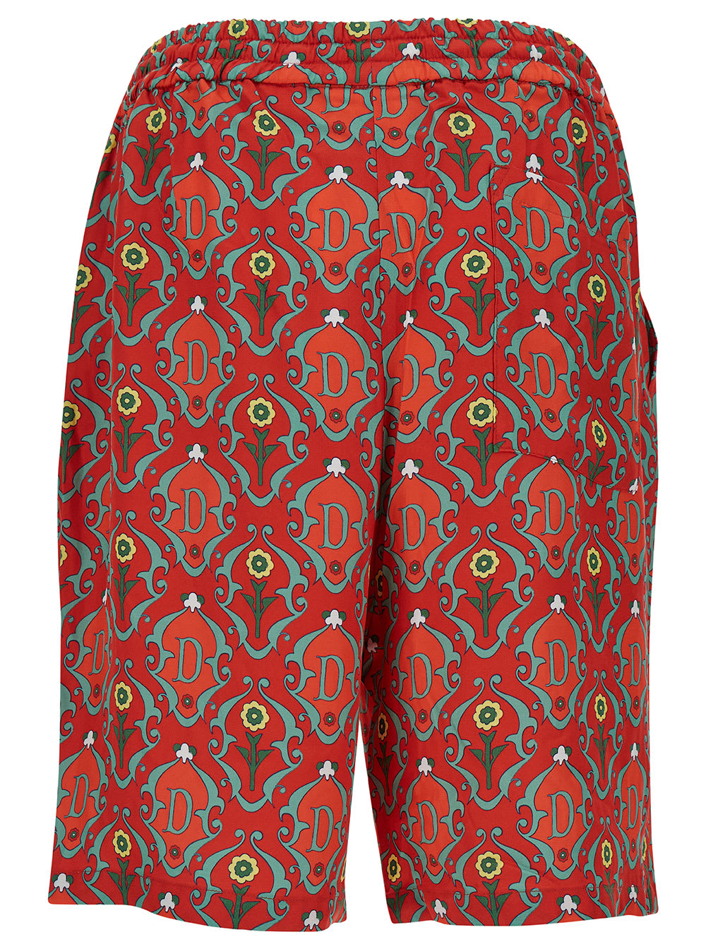 Shop Drôle De Monsieur Red Shorts With All-over Ornements Print In Satrin Man