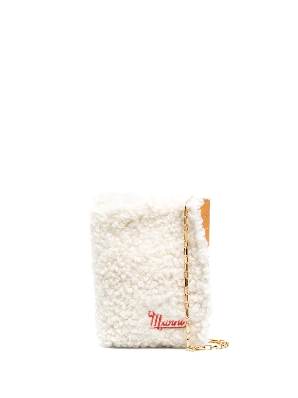 Marni White And Light Orange Mini Bag In Shearling And Leather With Golden Chain