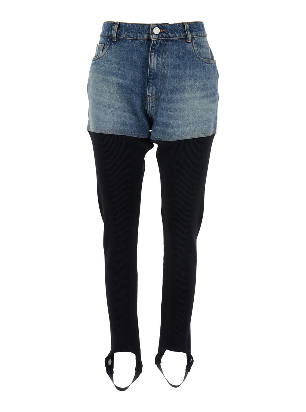 Coperni Layered Denim Shorts With Ribbed Leggings And Secure Fit In Black