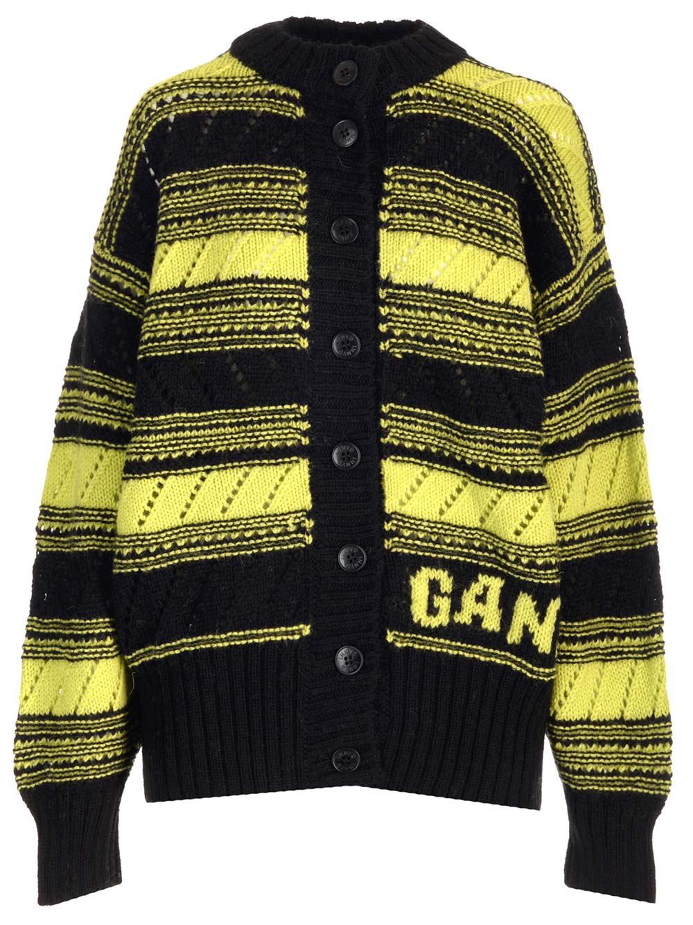 Ganni Logo-intarsia Striped Wool Cardigan In Multicolor