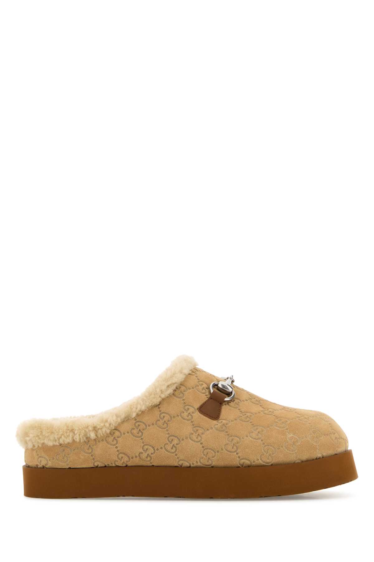 Gucci Gg Shearling-trimmed Suede Mules In Brown