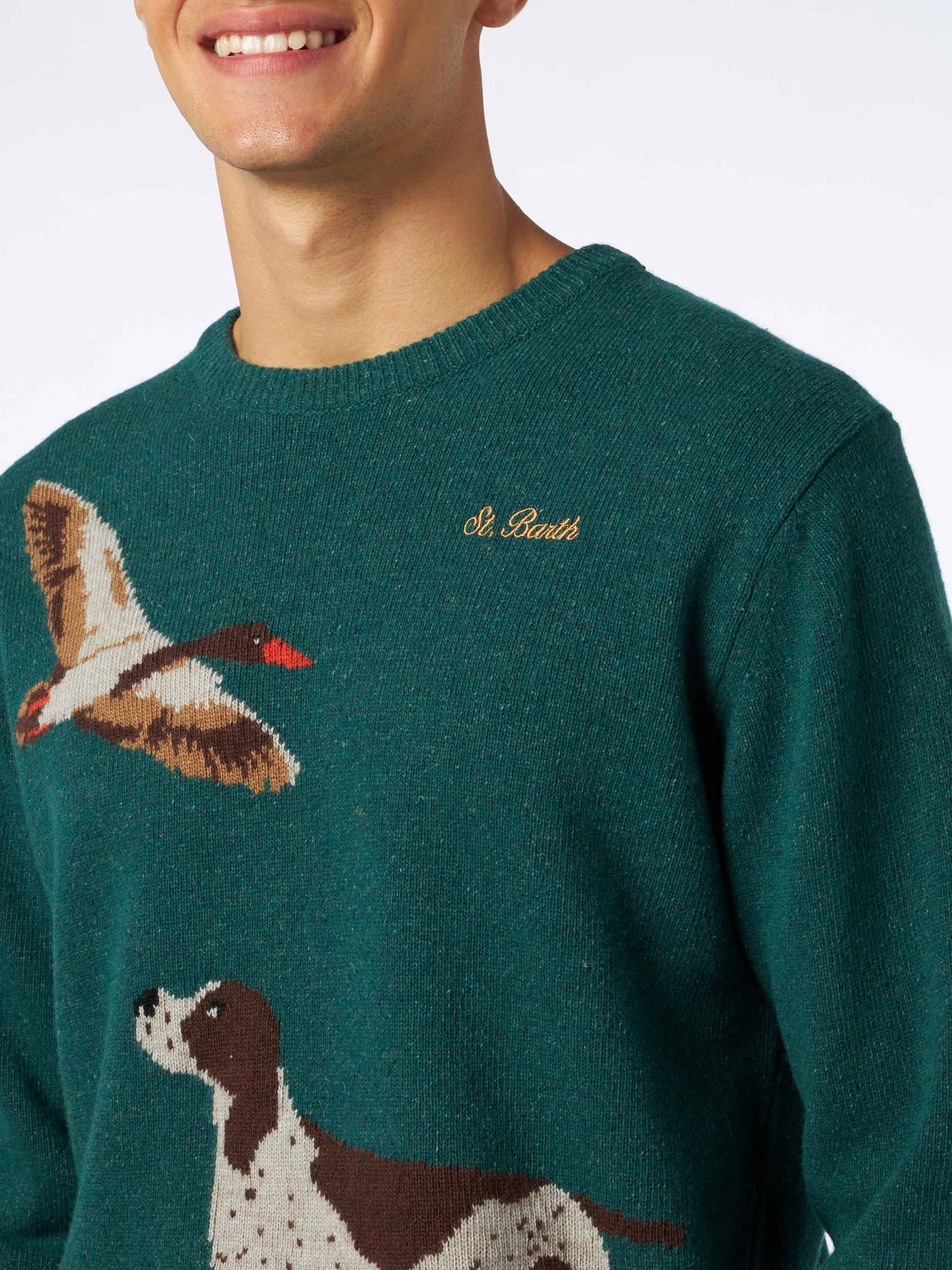 Shop Mc2 Saint Barth Man Crewneck Donegal Sweater With Country Dog Jacquard Print In Green