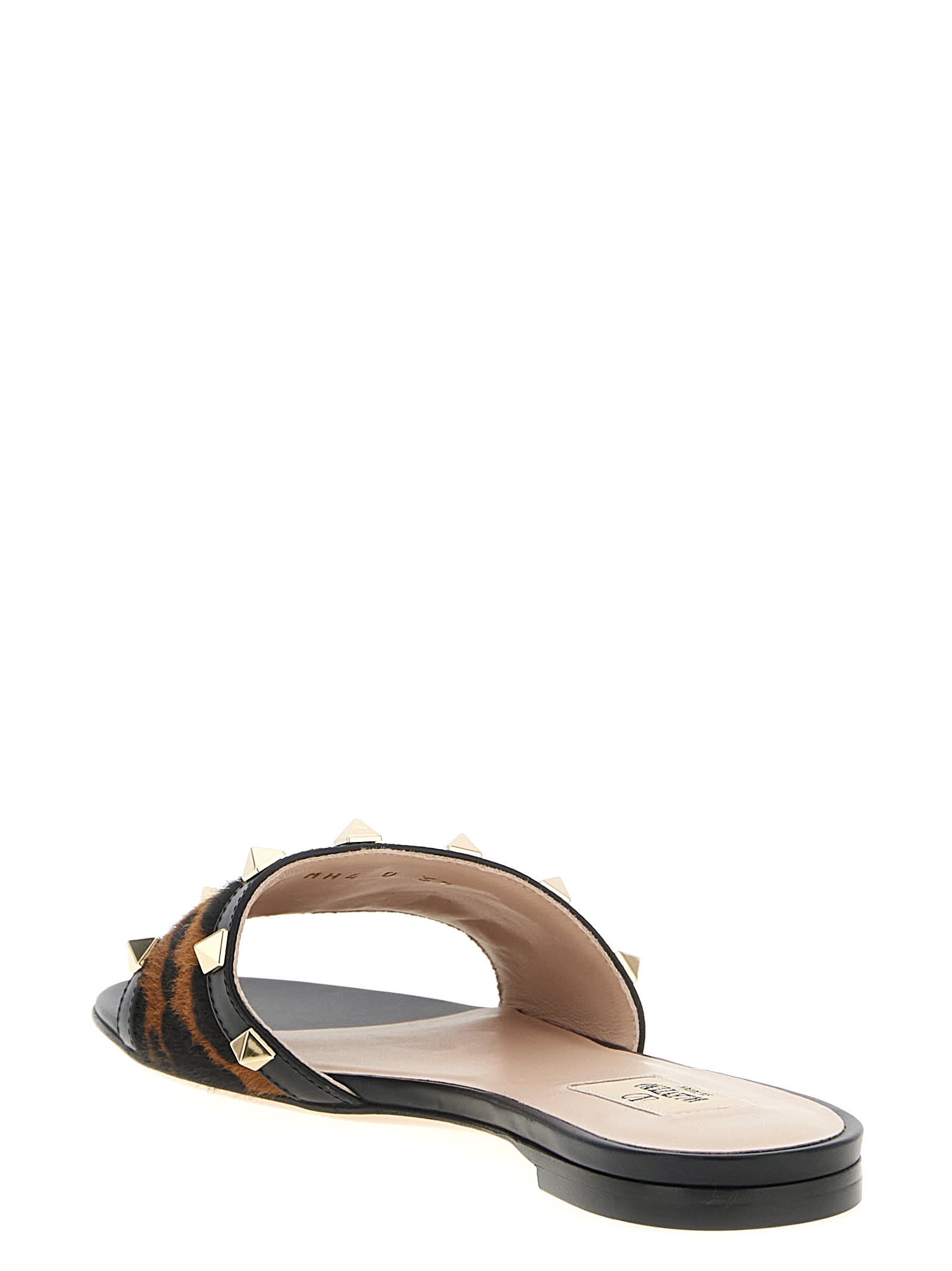 Valentino Rockstud Animal Print Flat Slides In Brown
