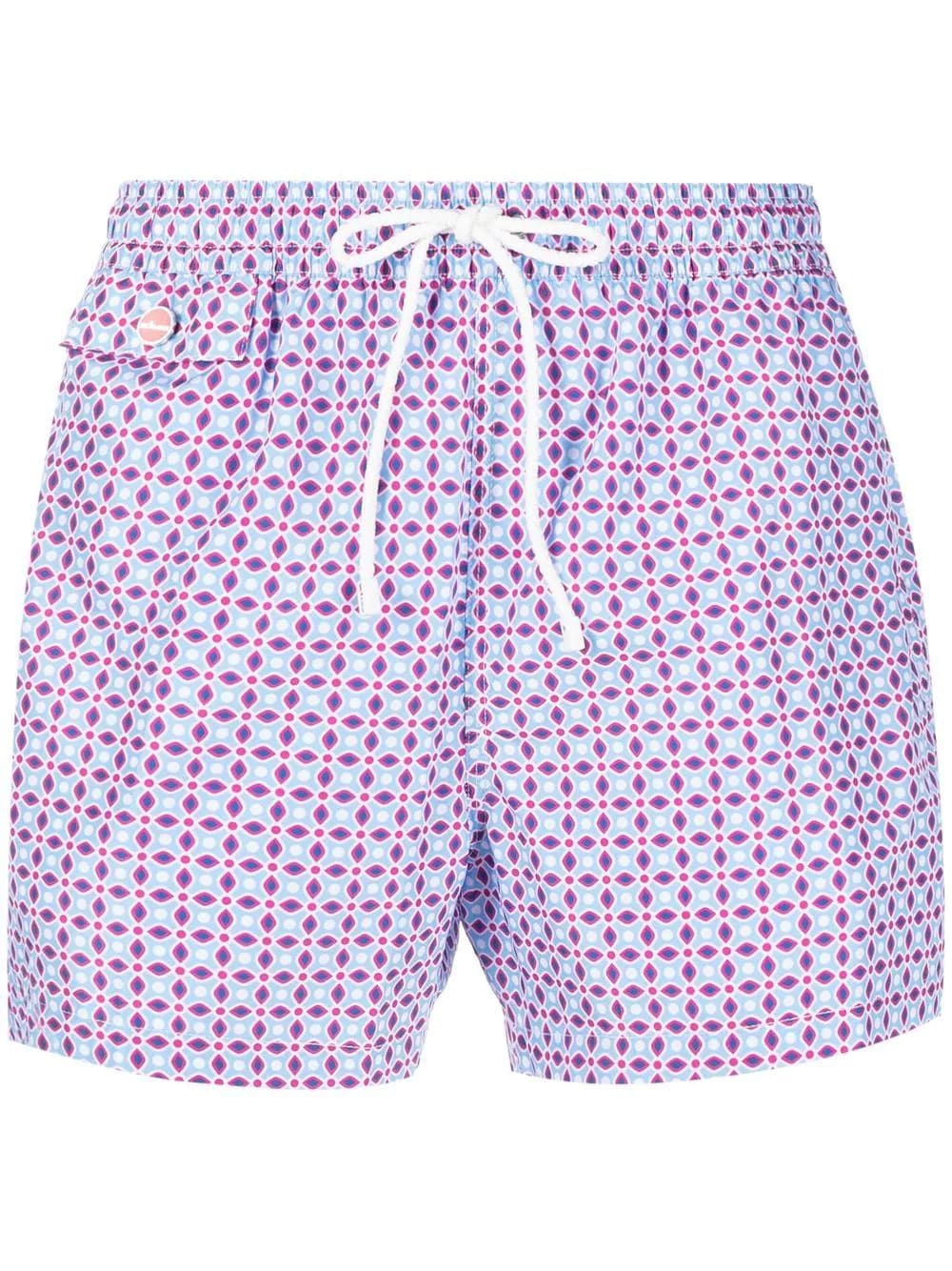 Kiton Swim Shorts With Blue, White And Fuchsia Geometric Micro Pattern