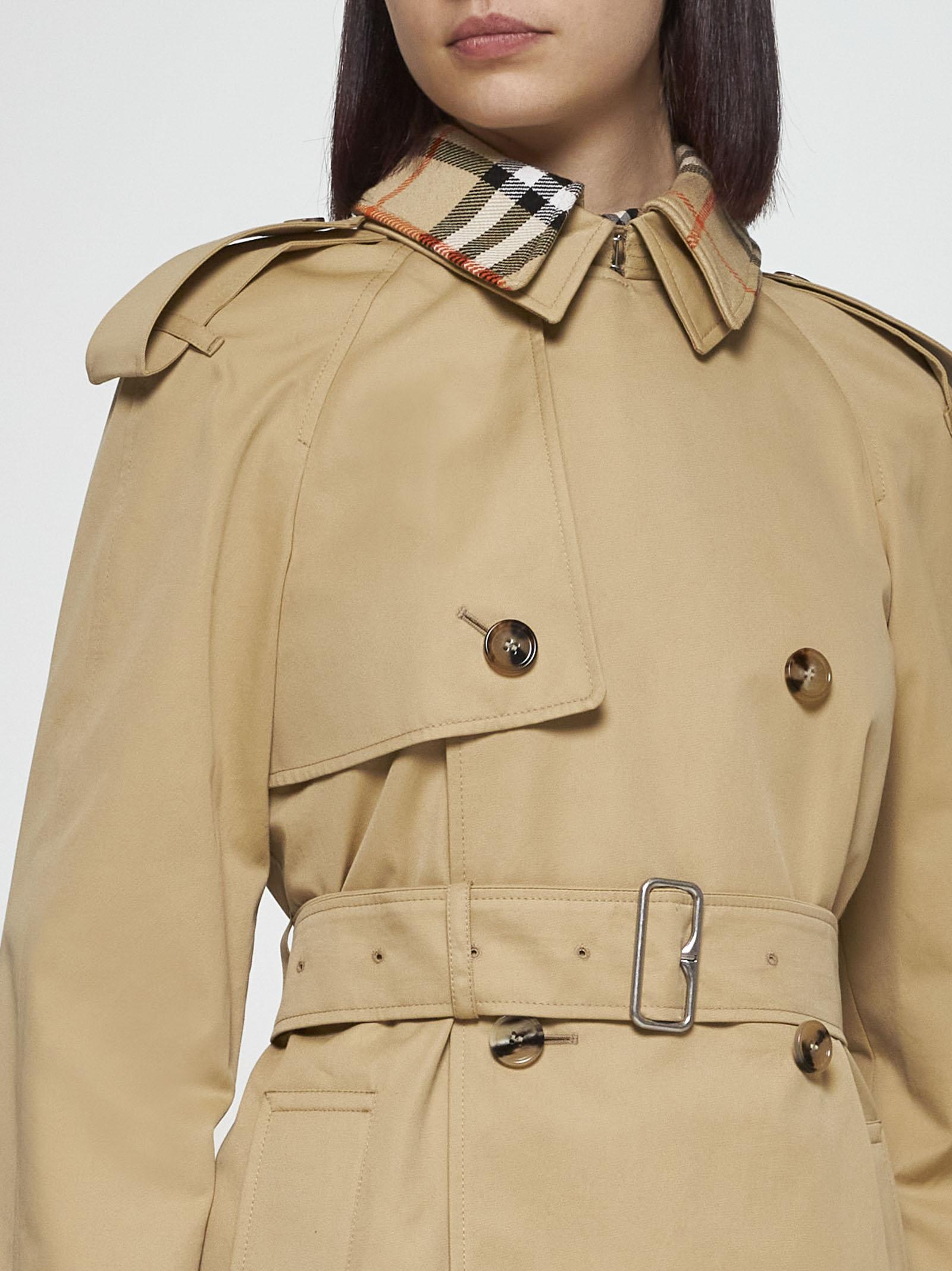 Shop Burberry Cotton Double-breasted Short Trench Coat In Beige